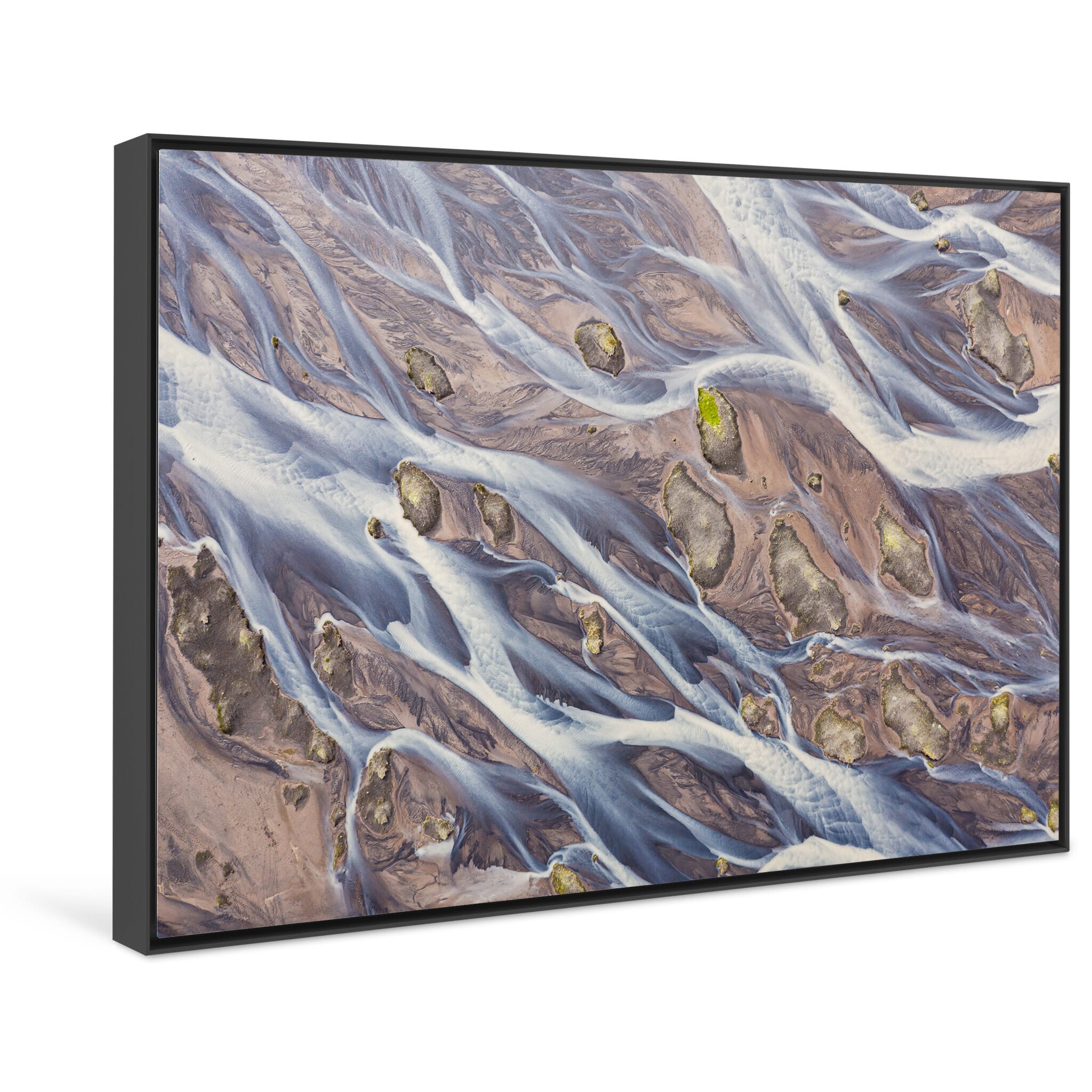 Framed photo print of watercolor-like aerial view of Icelandic glacial landscapes