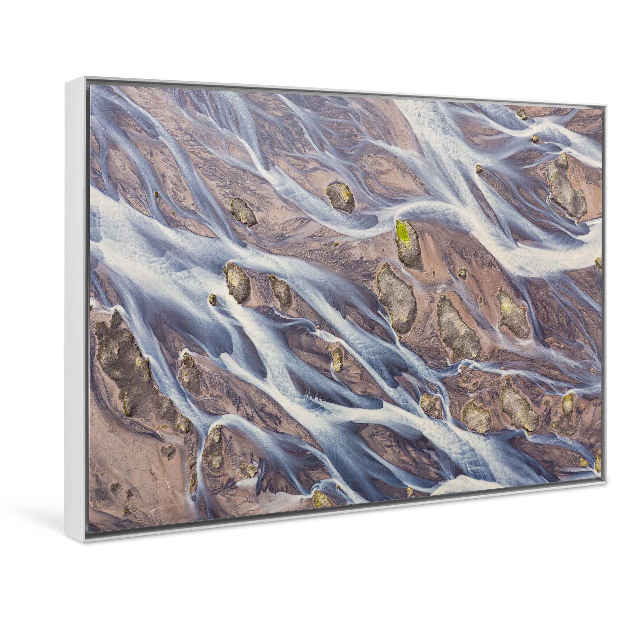 Framed photo print of sediment-rich river system in constant motion, Iceland