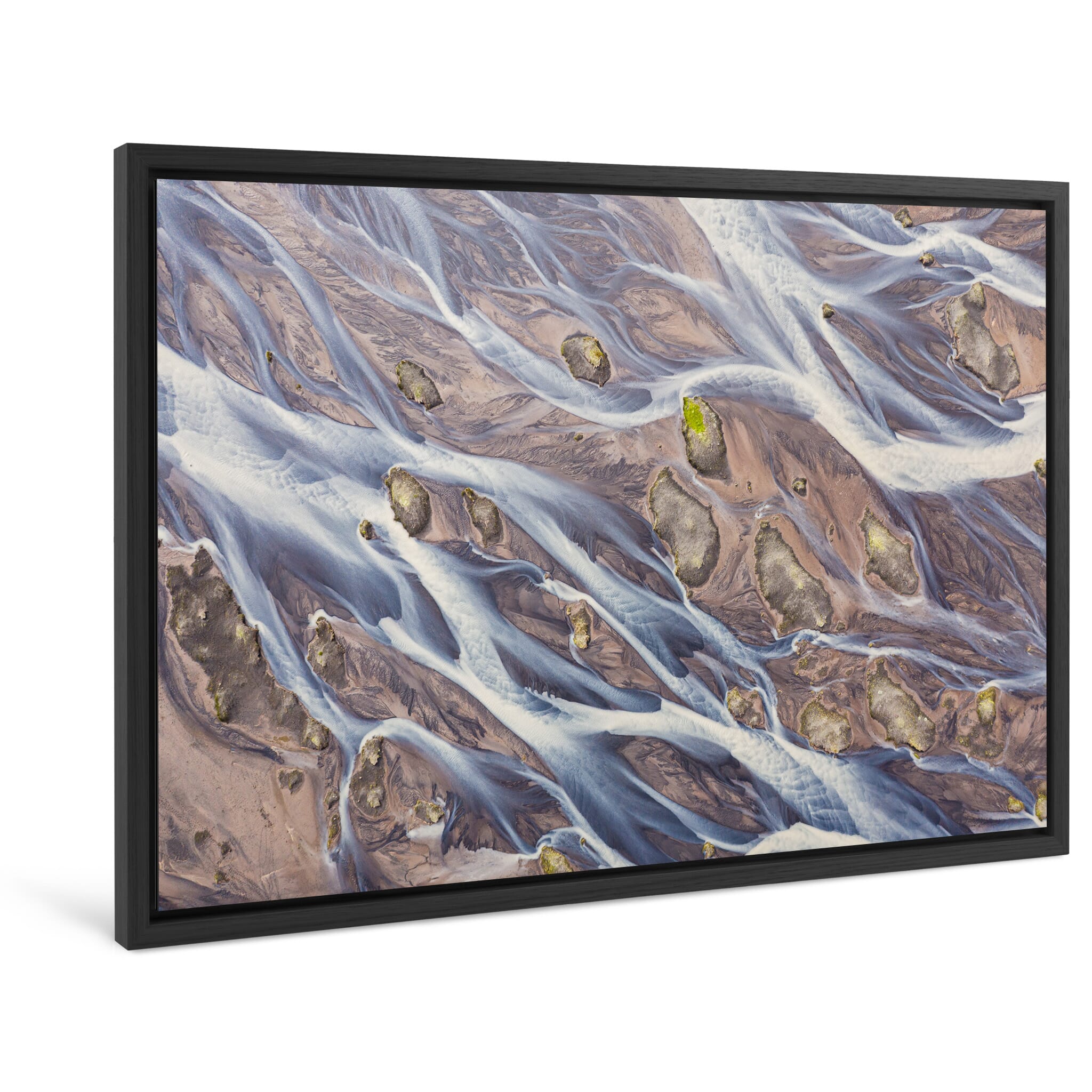 Framed photo print of Icelandic river textures blending earth and water from above