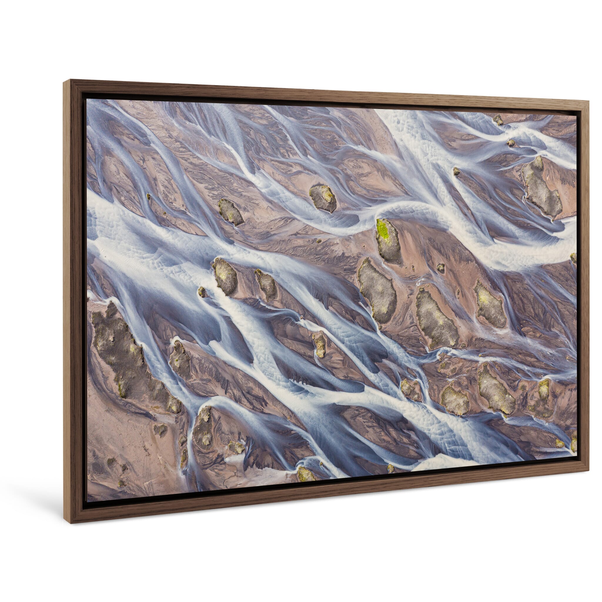 Framed photo print of colorful river currents shaped by natural forces in Iceland