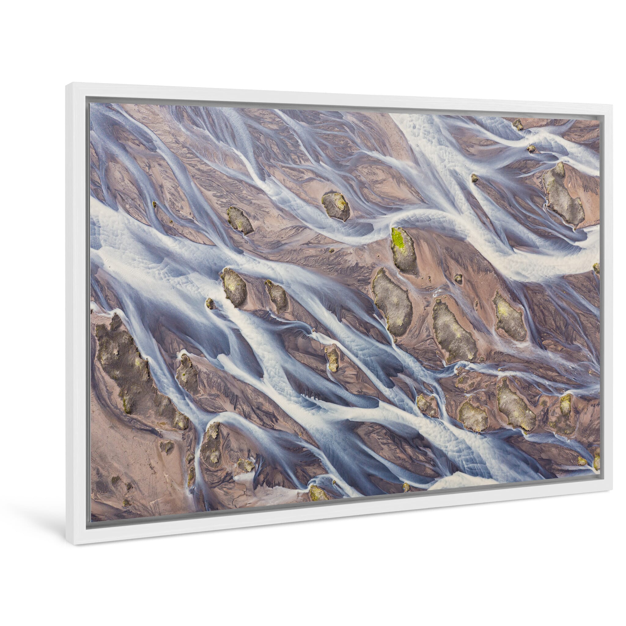 Framed photo print of abstract patterns formed by glacial melt and sediment flow