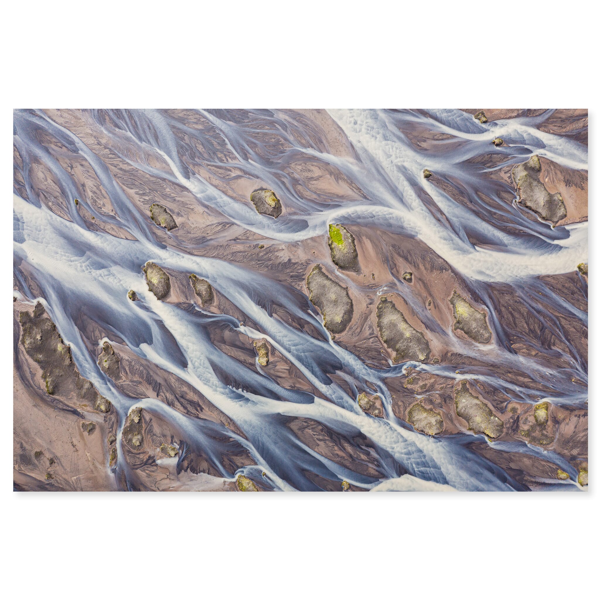 Fine art print of an aerial glacial river in Iceland with brown and blue tones