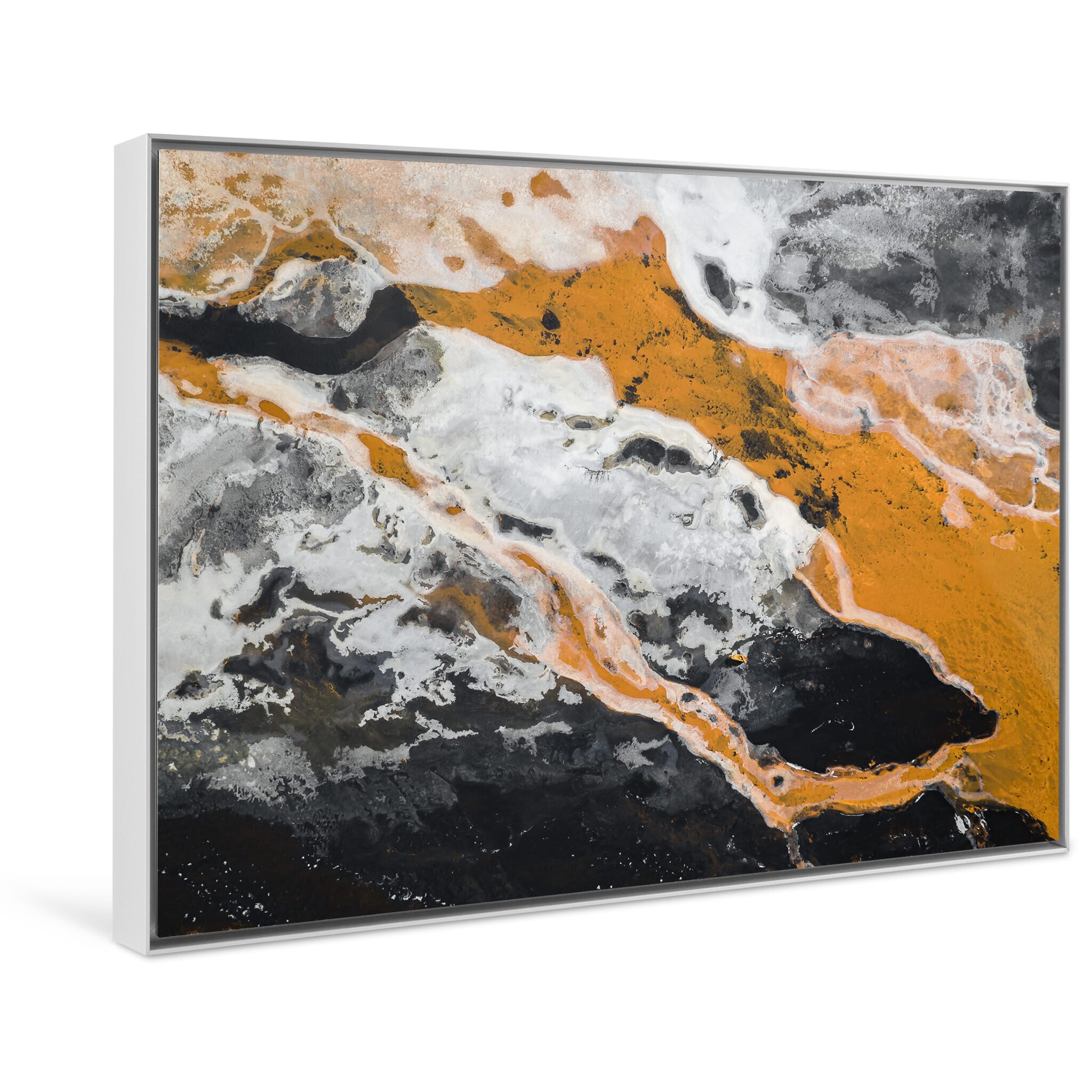 Framed photo print of a dynamic mix of ice snow and sulfur-laden river from above