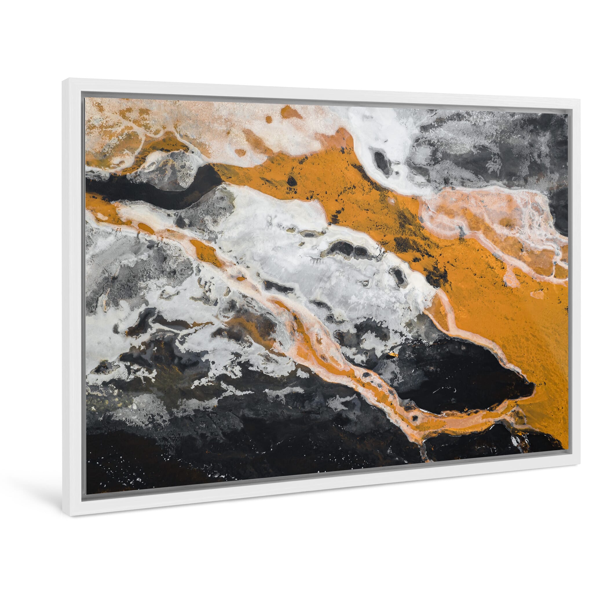 Framed photo print of a winter transition featuring frozen surfaces and flowing water