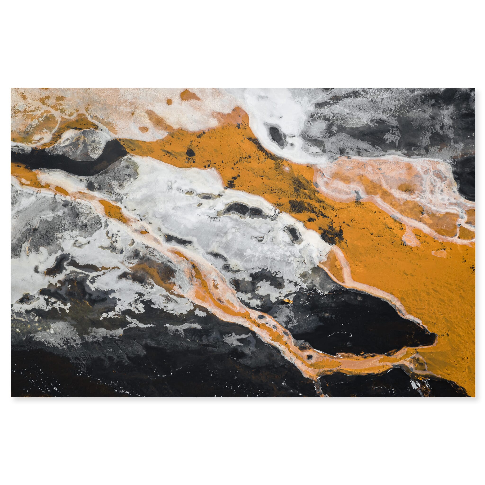 Fine art print of a partially frozen sulfur-rich river in Iceland with bright orange tones