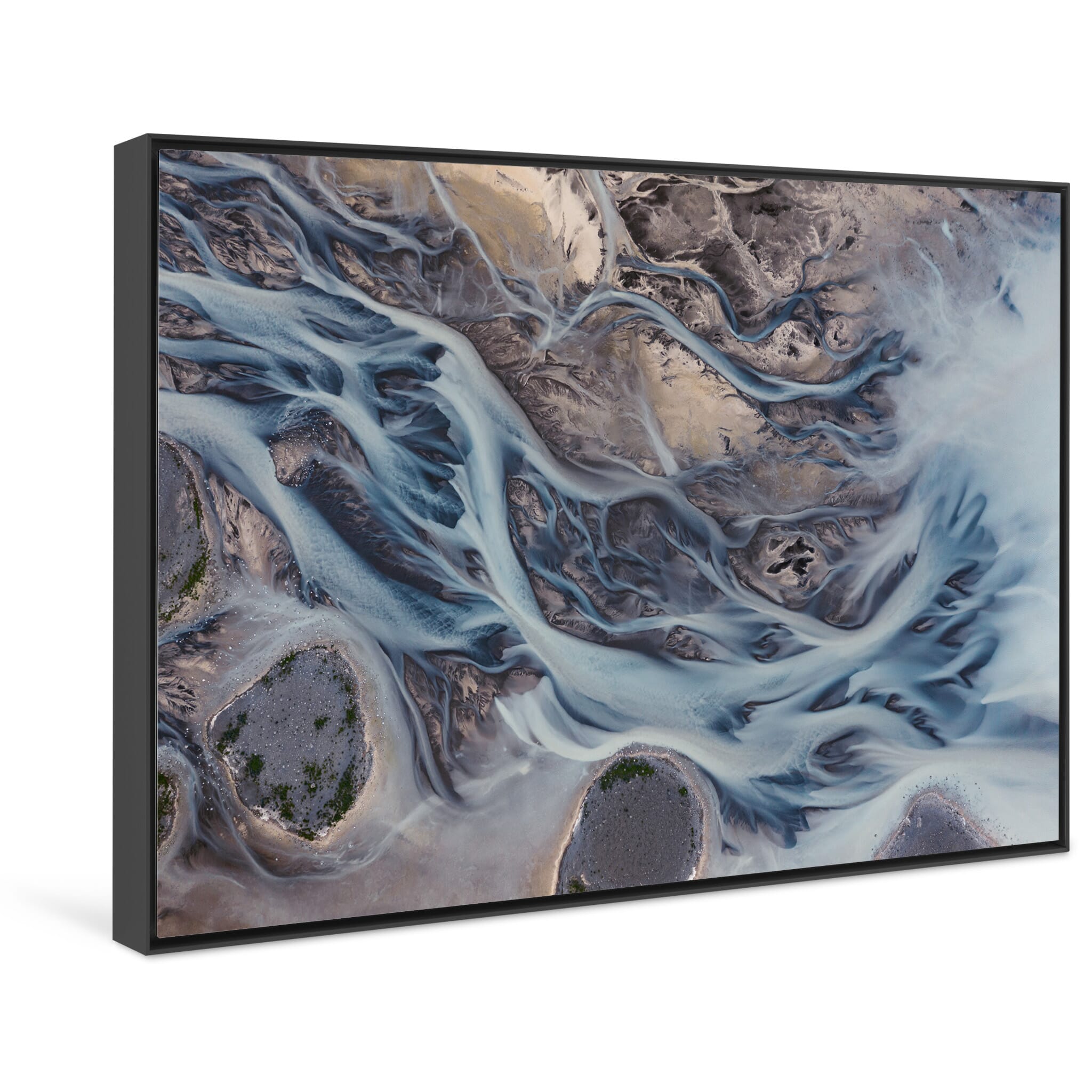 Framed photo print of vivid blue water meeting earthy brown sand in Iceland’s highlands