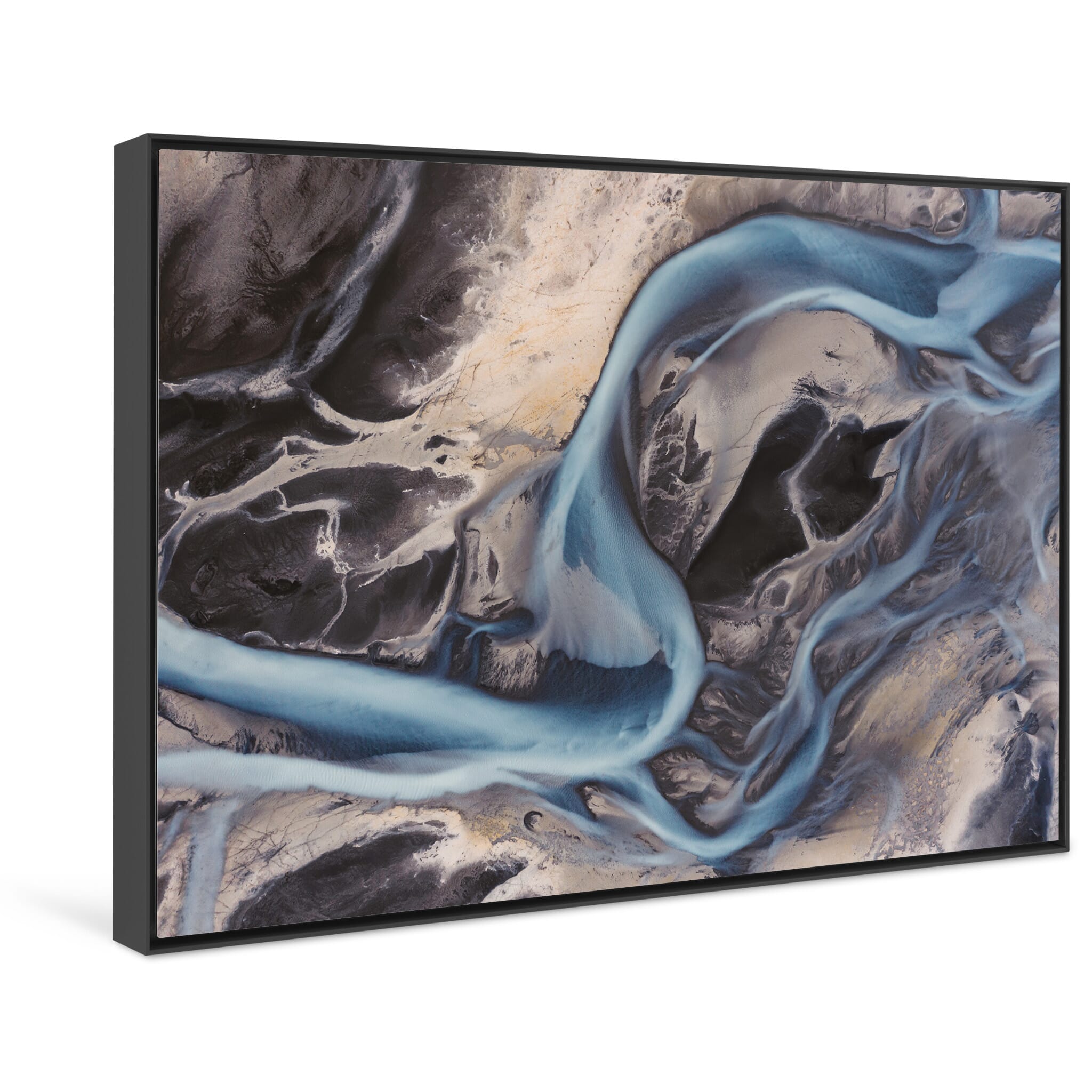 Framed photo print of vivid blue water meeting earthy brown sand in Iceland’s highlands
