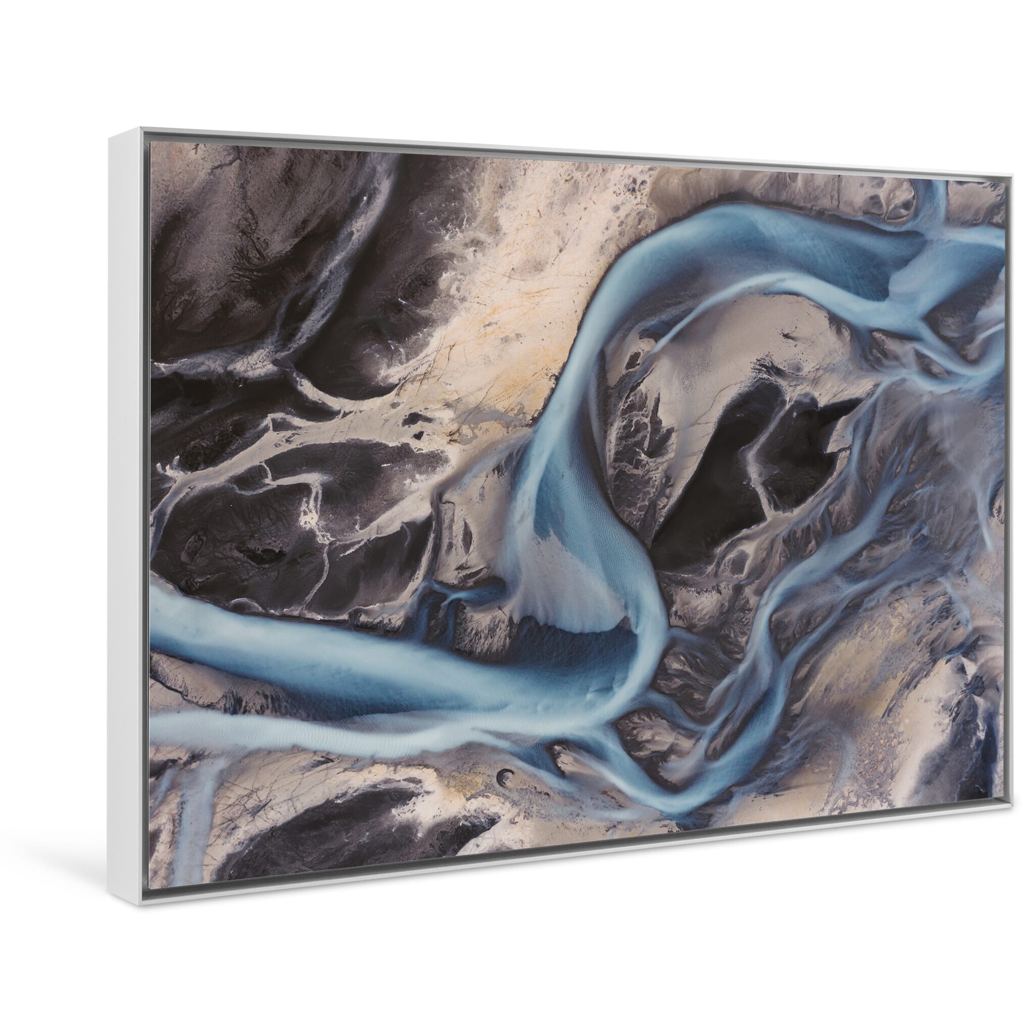 Framed photo print capturing the ever-shifting flow of a glacial river from above