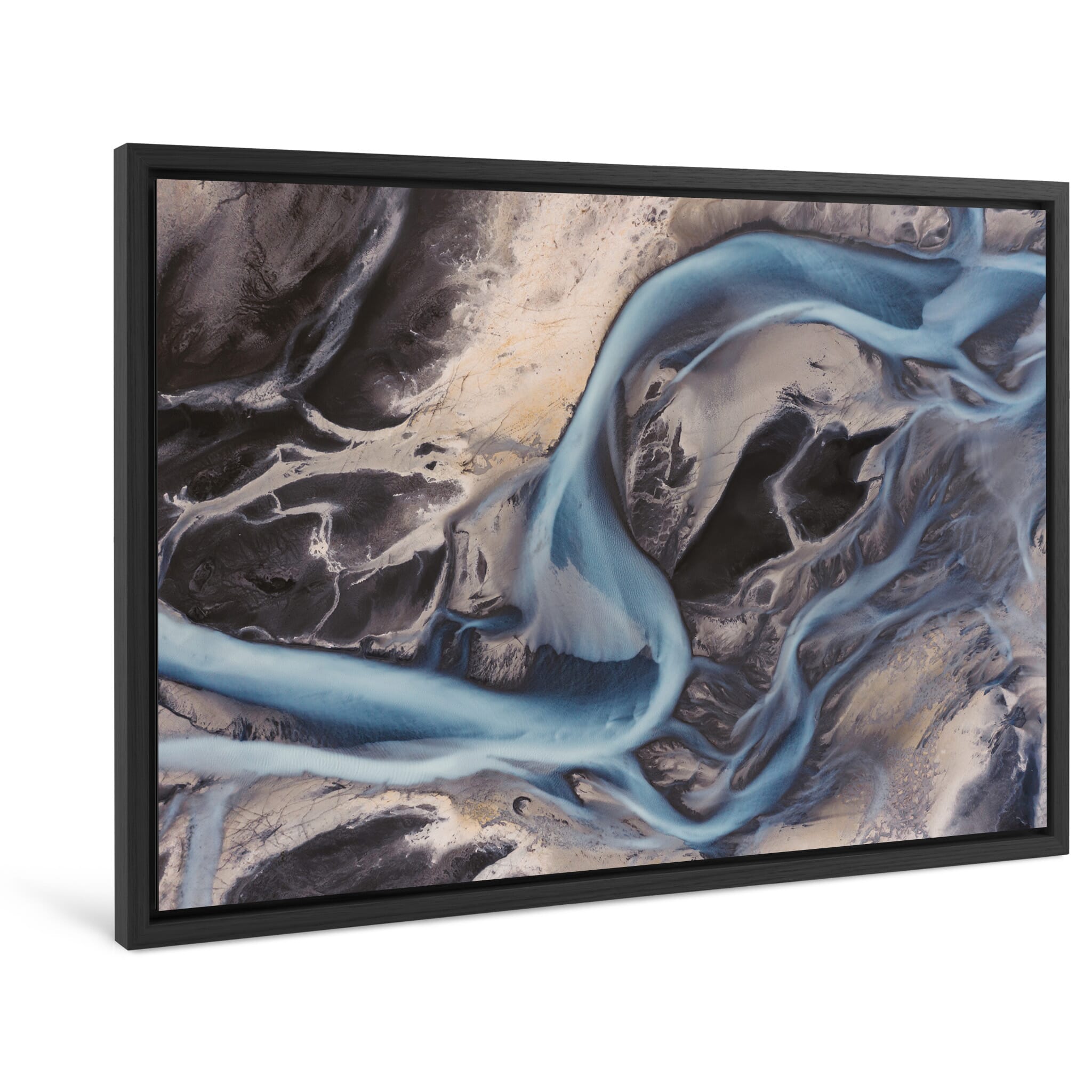 Framed photo print of swirling water channels carrying sediment into Sandvatn