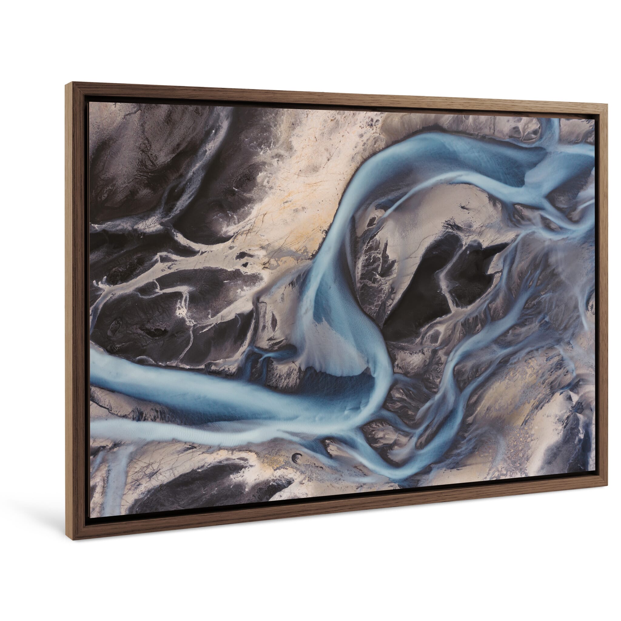 Framed photo print of watercolor-like patterns shaped by glacial melt and sediment