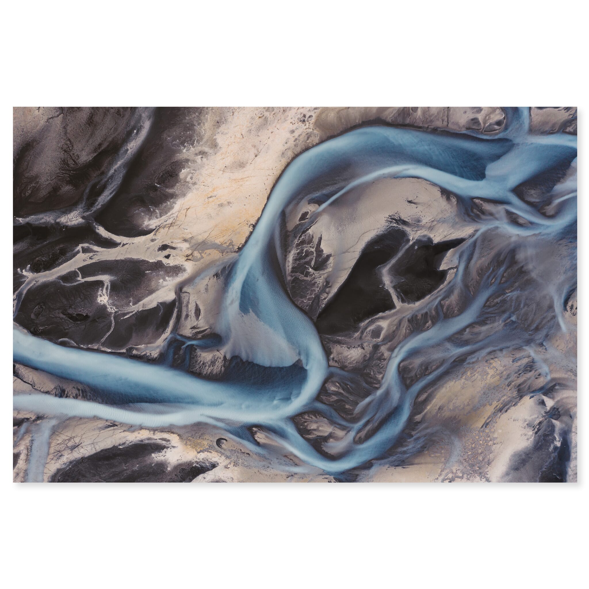 Fine art print of an aerial glacial river in Iceland blending blue and brown tones