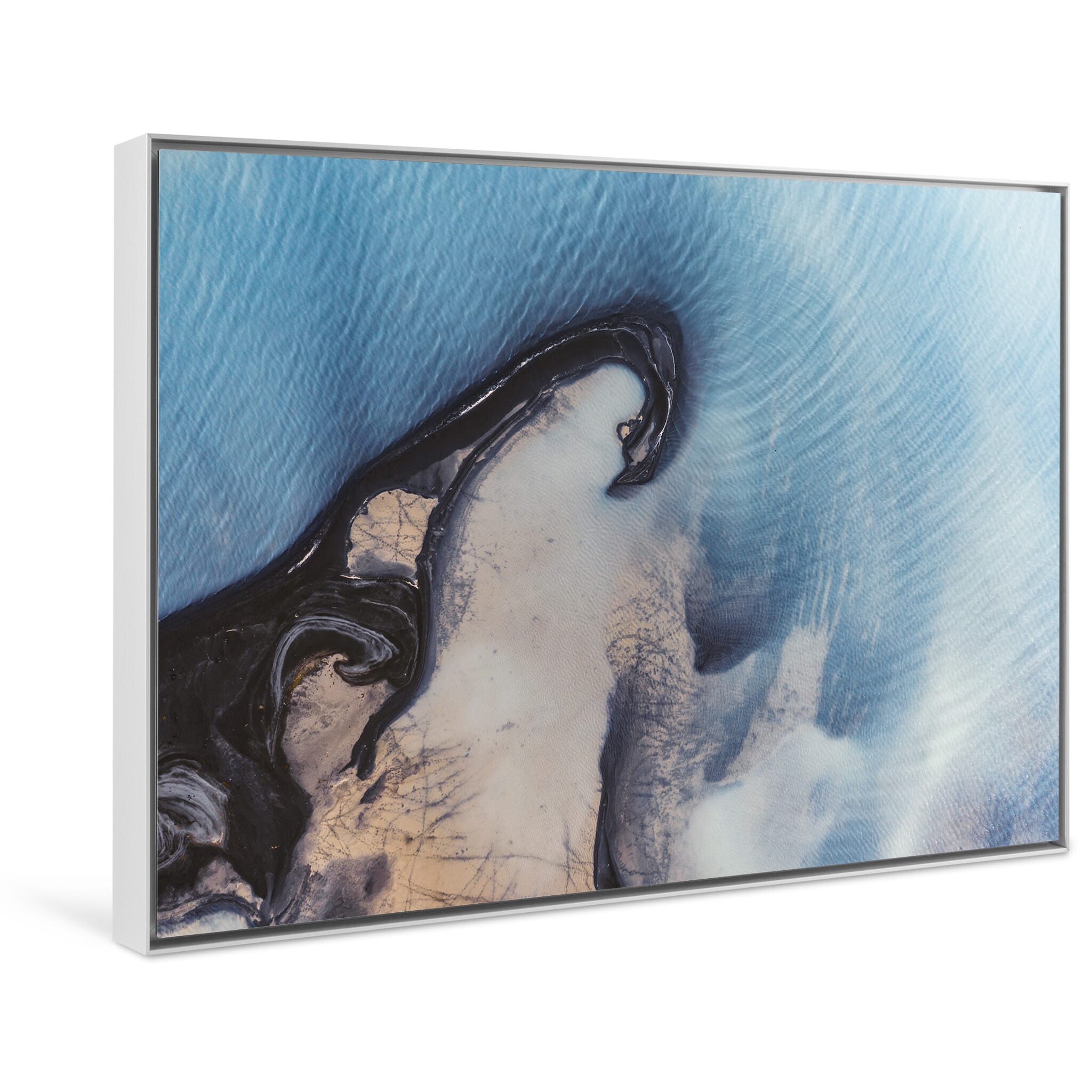 Framed photo print capturing the interplay of sediment-laden currents from above