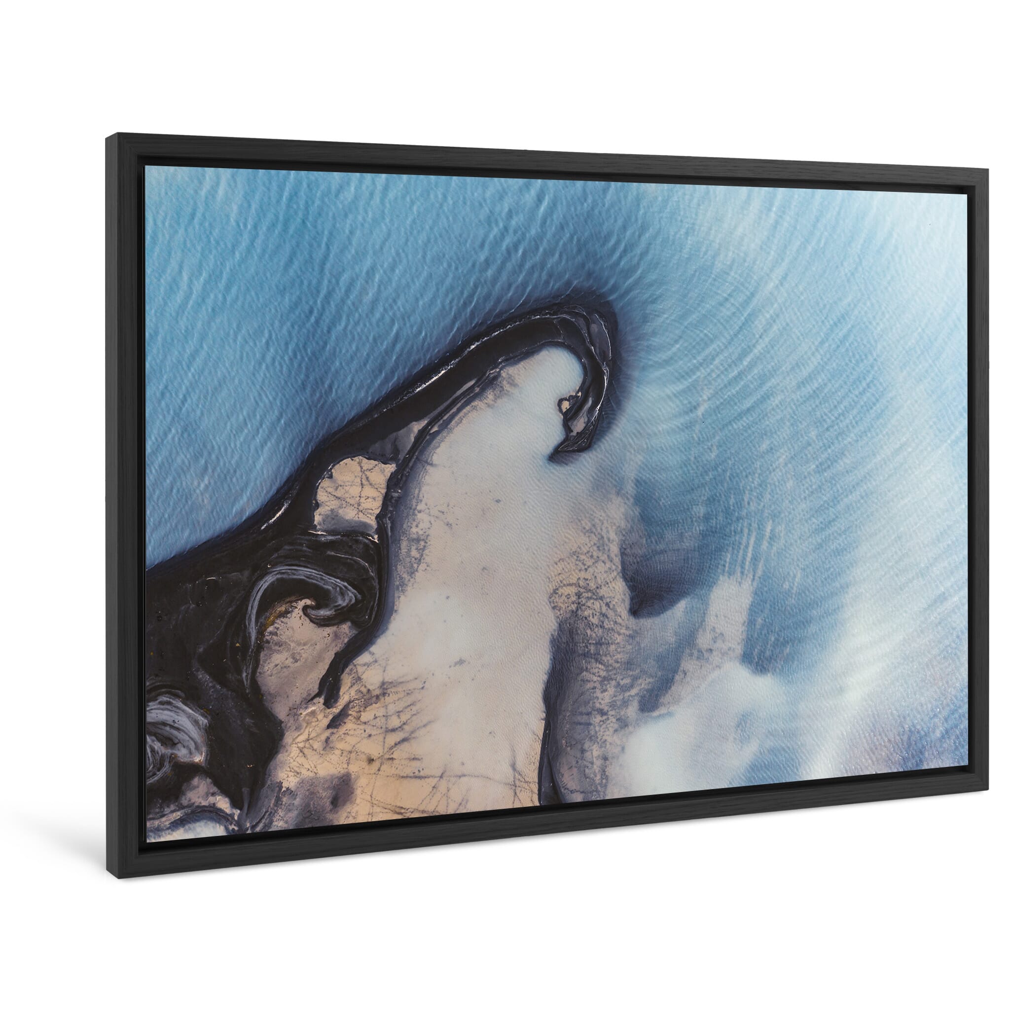 Framed photo print of swirling sediment patterns flowing into Sandvatn
