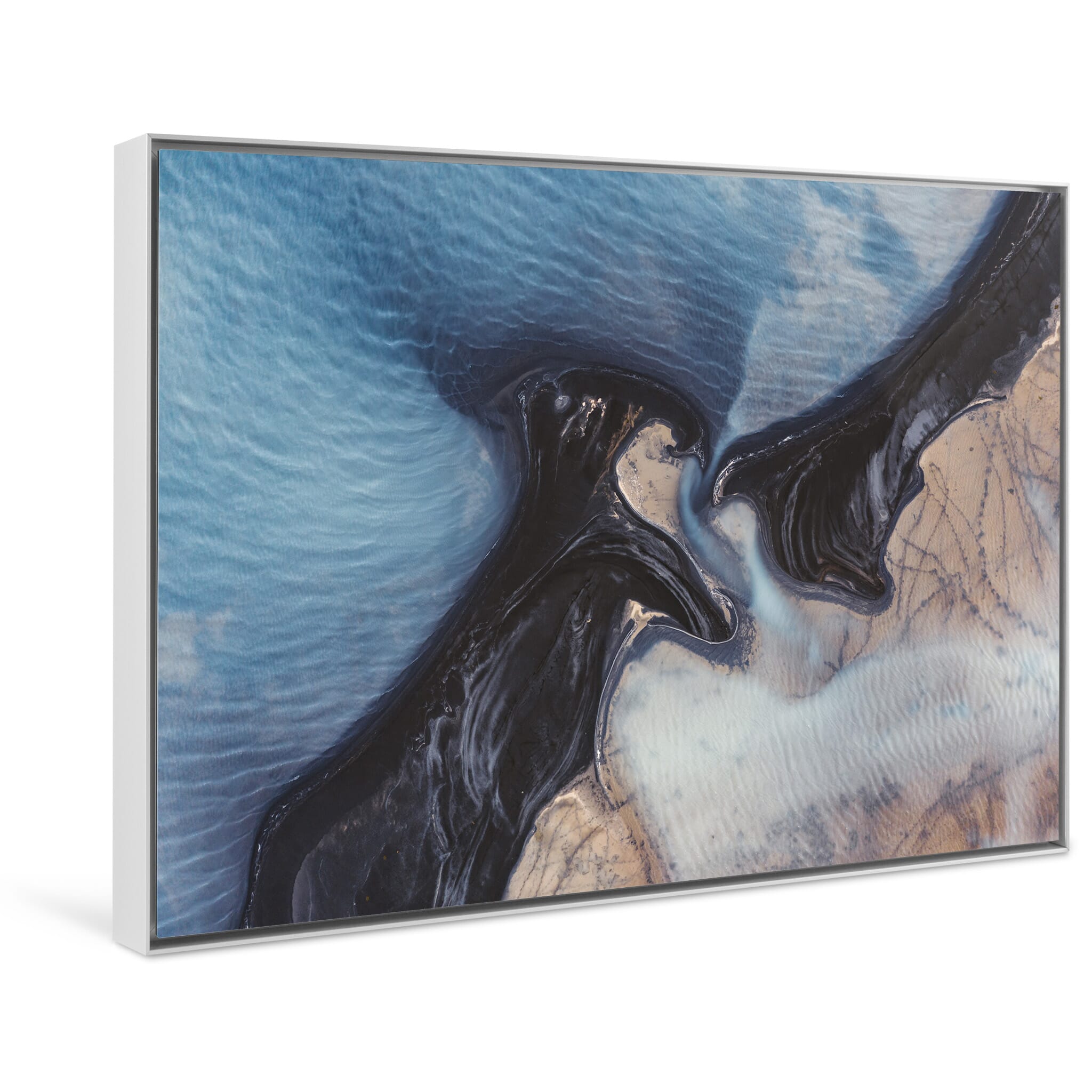 Framed photo print capturing the interplay of sediment-laden currents from above