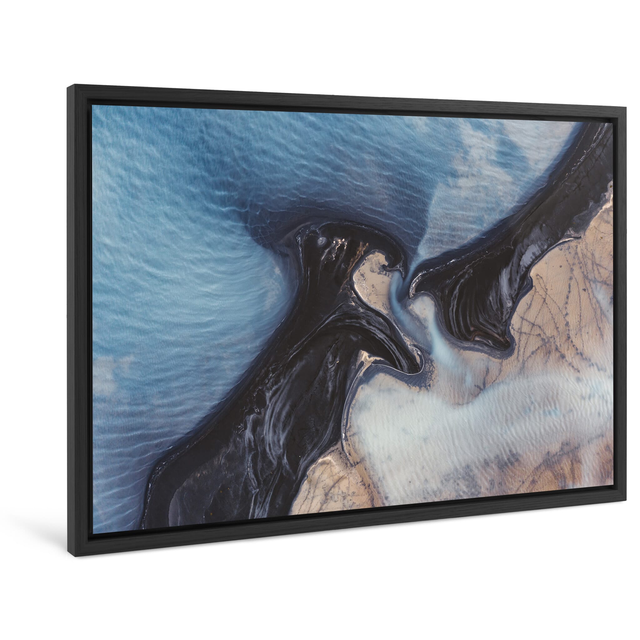Framed photo print of swirling sediment patterns flowing into Sandvatn