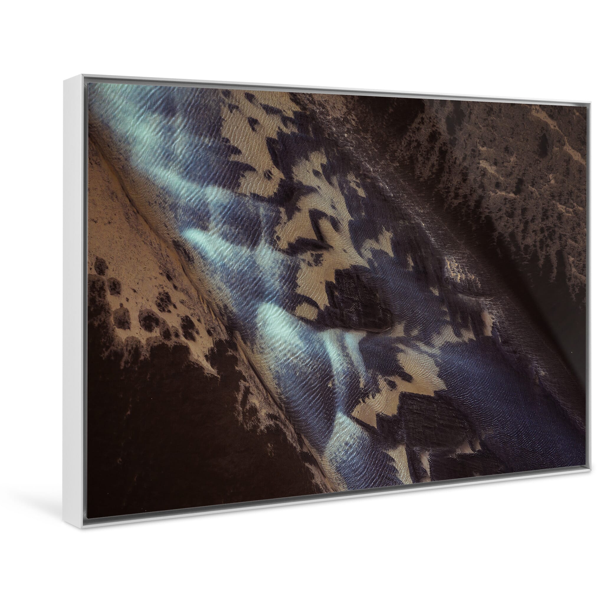 Framed photo print of ever-changing tidal textures sculpted by Iceland’s geology