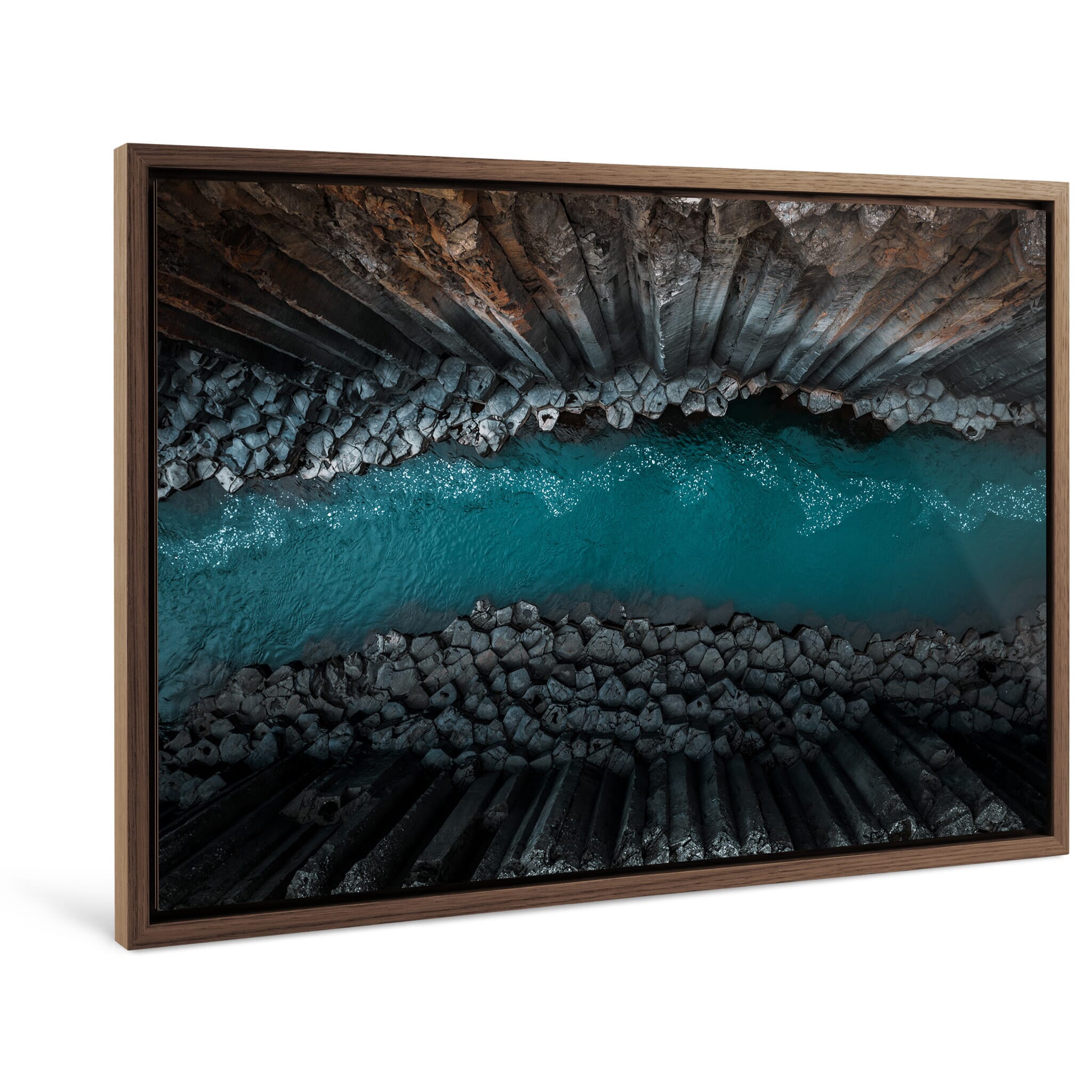 Framed photo print of Stuðlagil canyon highlighting bold basalt patterns