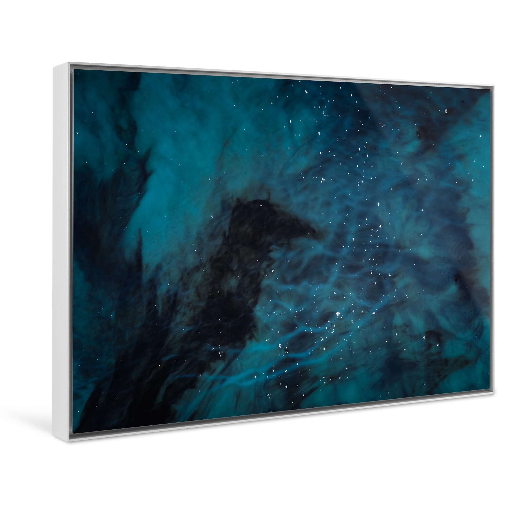 Framed photo print capturing the calm motion of floating ice fragments in remote Iceland