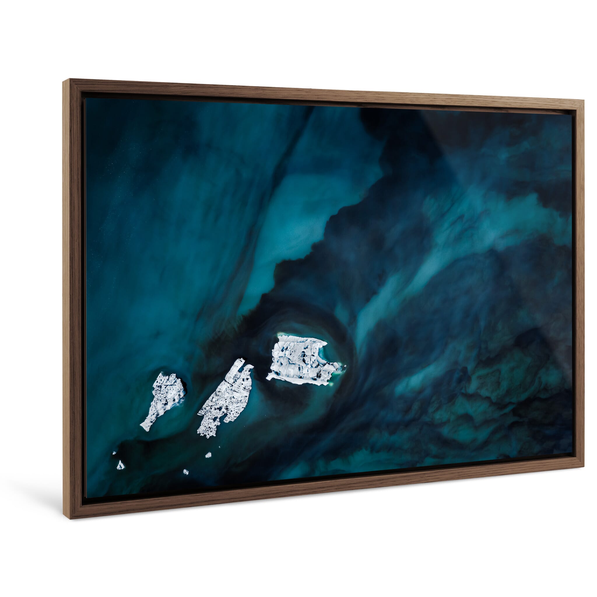 Framed photo print of painterly iceberg shapes in a remote glacial landscape