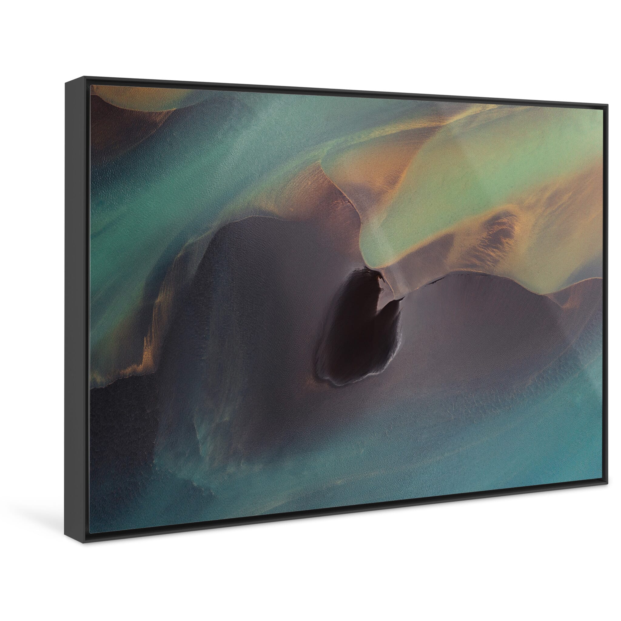 Framed photo print of vibrant sediment patterns shaped by meltwater flow in Iceland