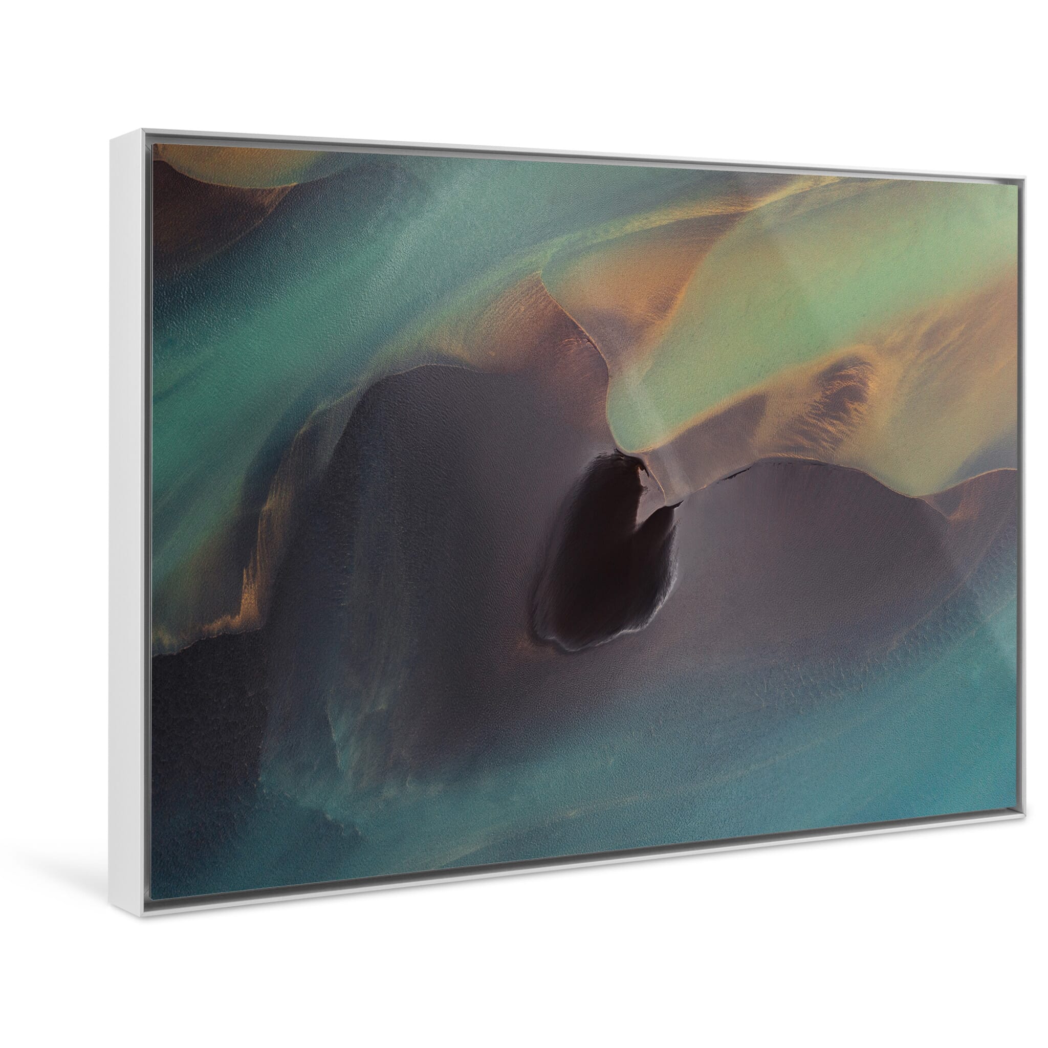 Framed photo print of Iceland river landscape featuring sandbanks and colorful currents