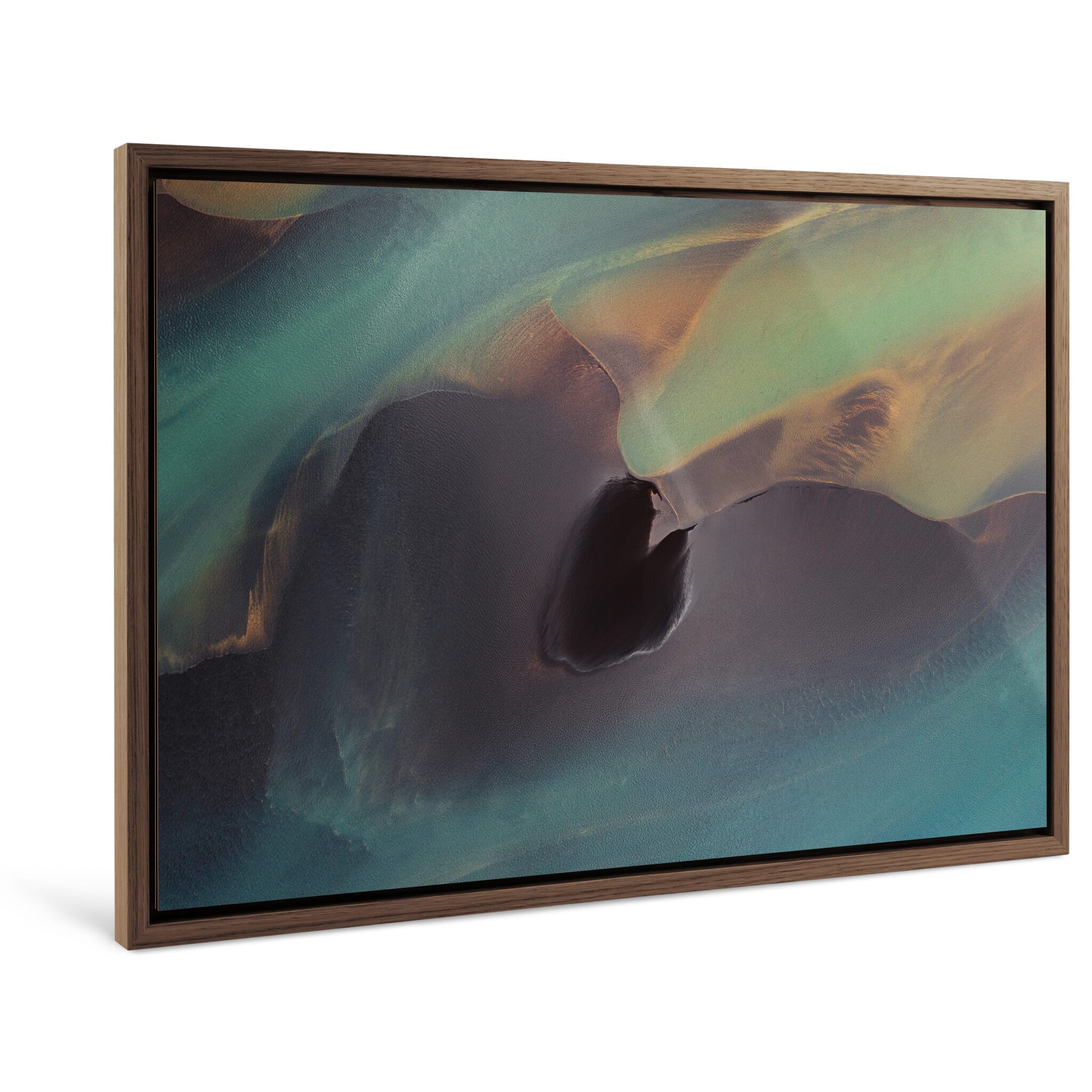 Framed photo print of Ölfusá River from above with watercolor-like sediment tones