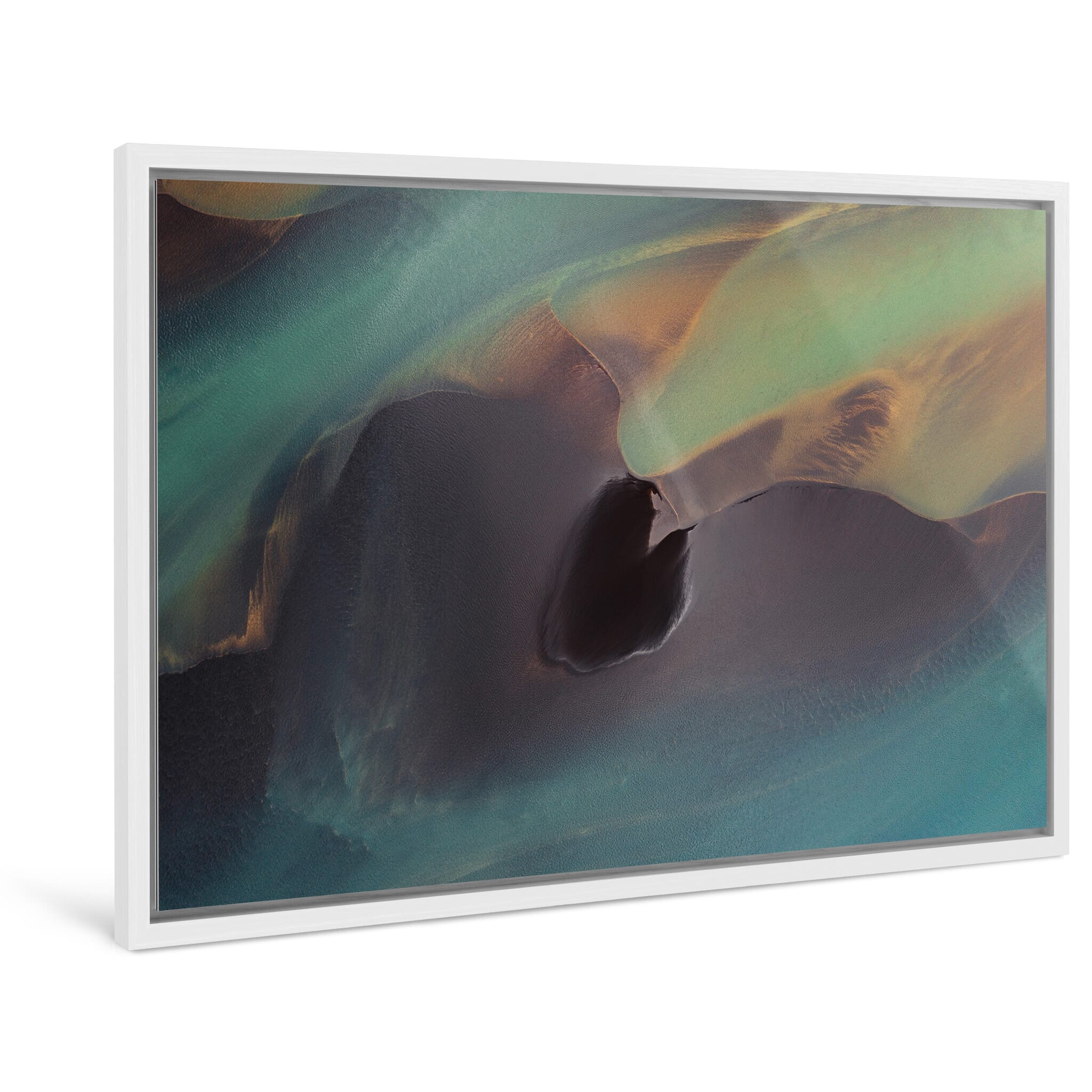 Framed photo print of Icelandic glacial river with surreal colors and shifting textures