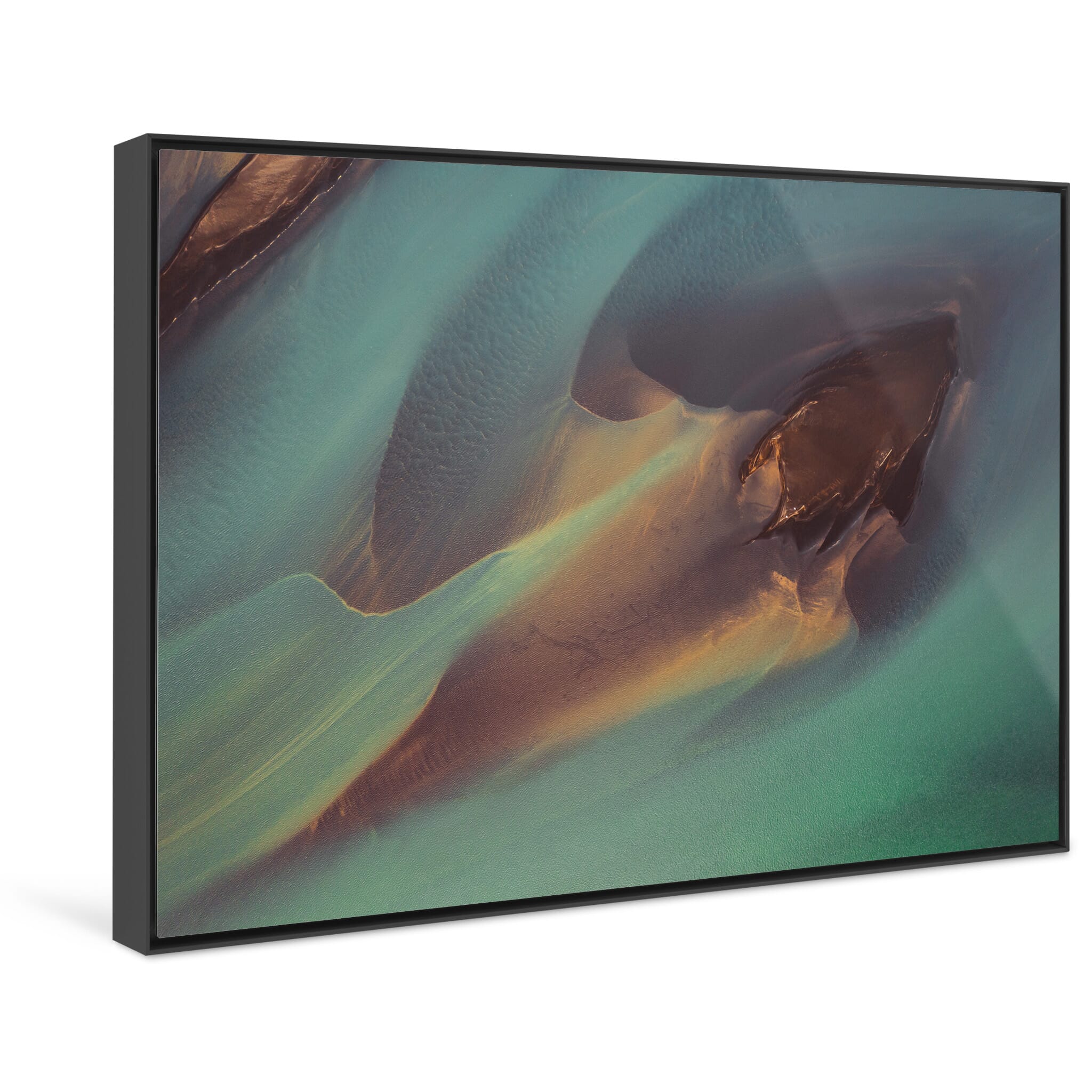Framed photo print of vibrant sediment patterns shaped by meltwater flow in Iceland