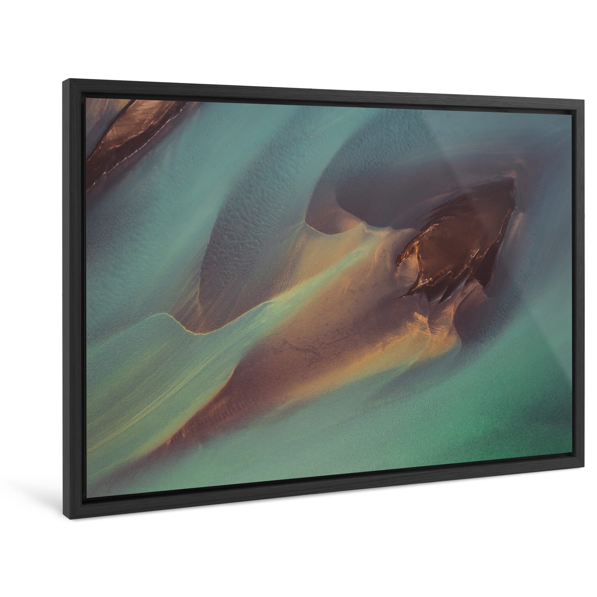 Framed photo print of vibrant sediment patterns shaped by meltwater flow in Iceland