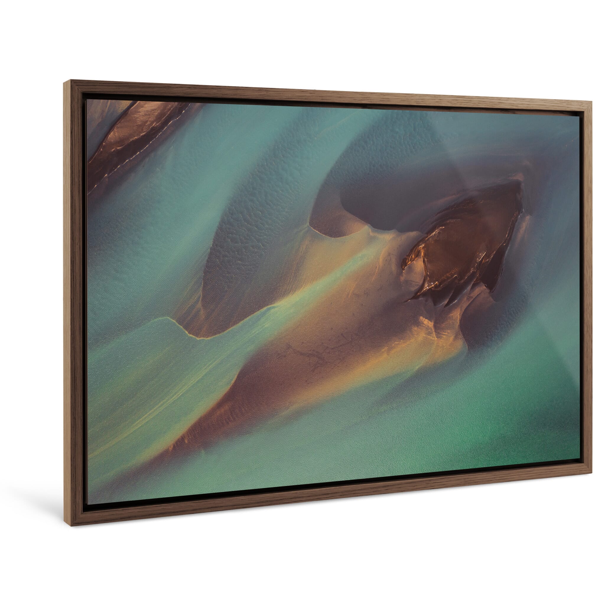 Framed photo print of Ölfusá River from above with watercolor-like sediment tones