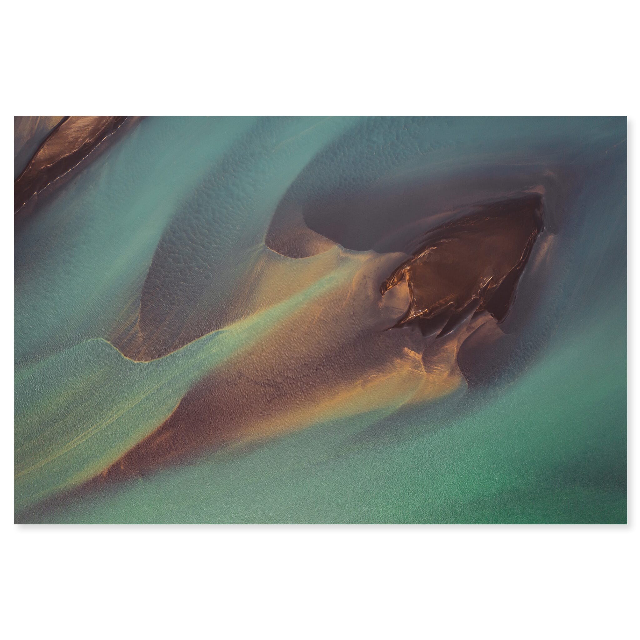 Fine art print of abstract and colorful aerial view of a glacial river and sandbank
