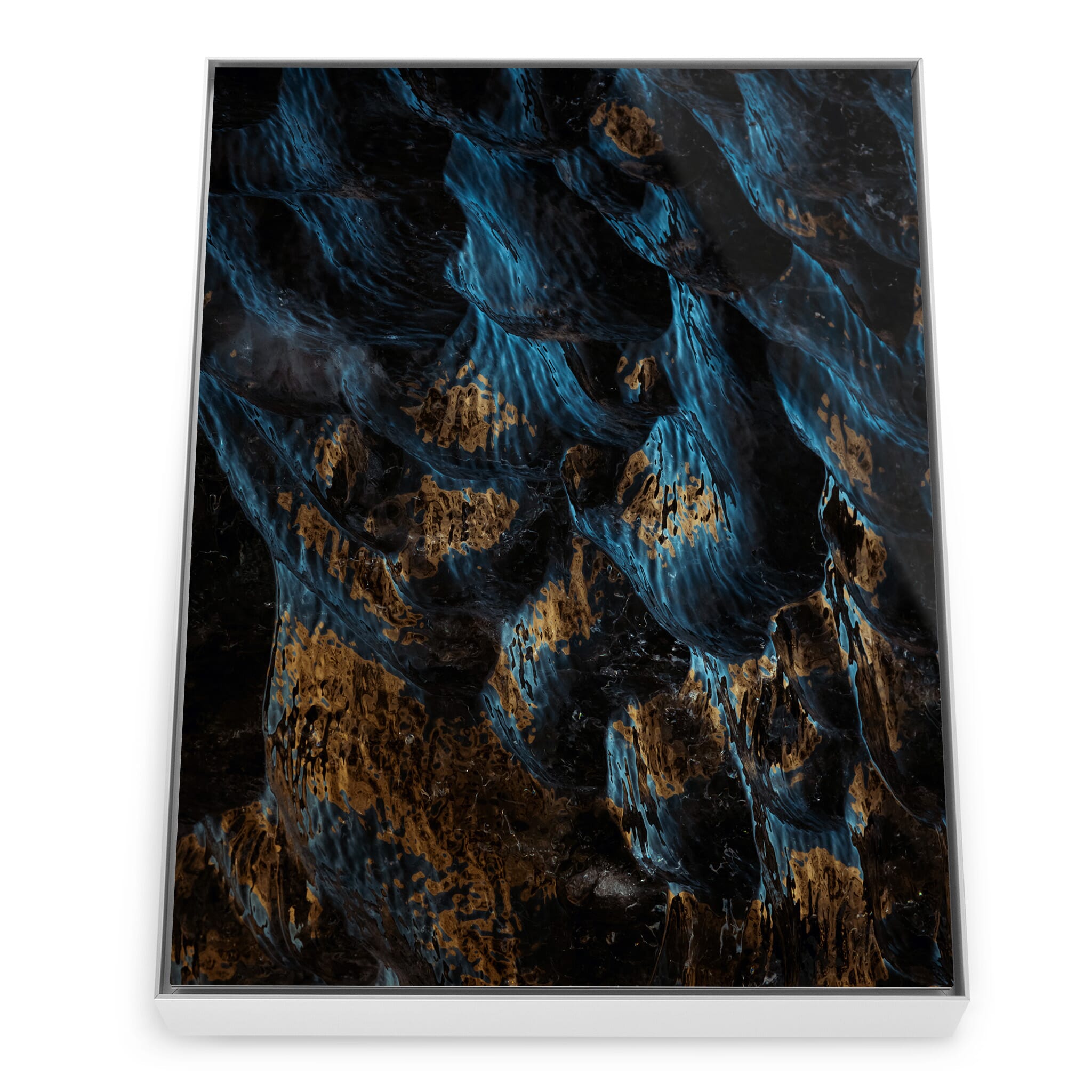 Framed photo print of ephemeral golden reflections on dark glacial ice