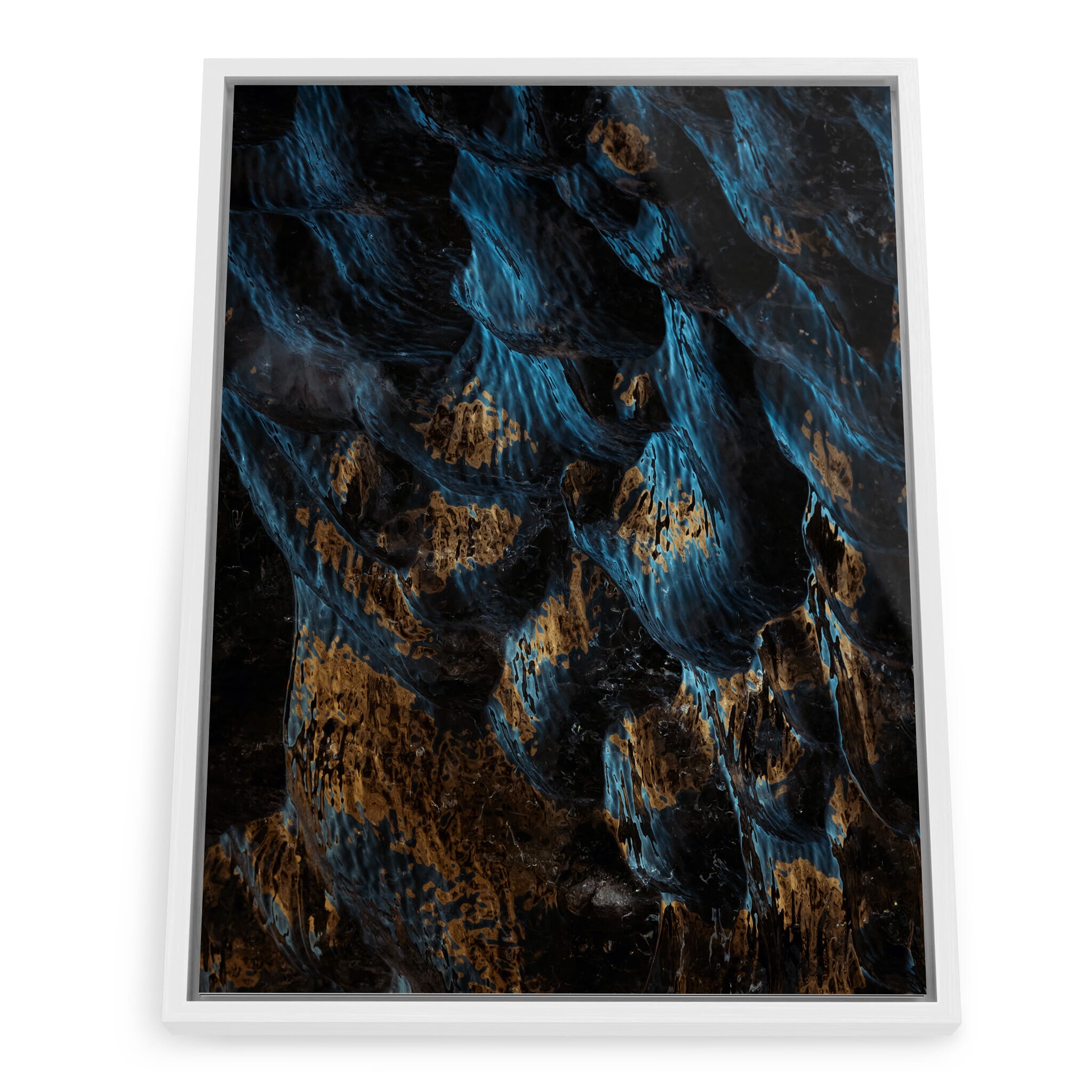 Framed photo print of textured ice walls resembling frozen vertical waves