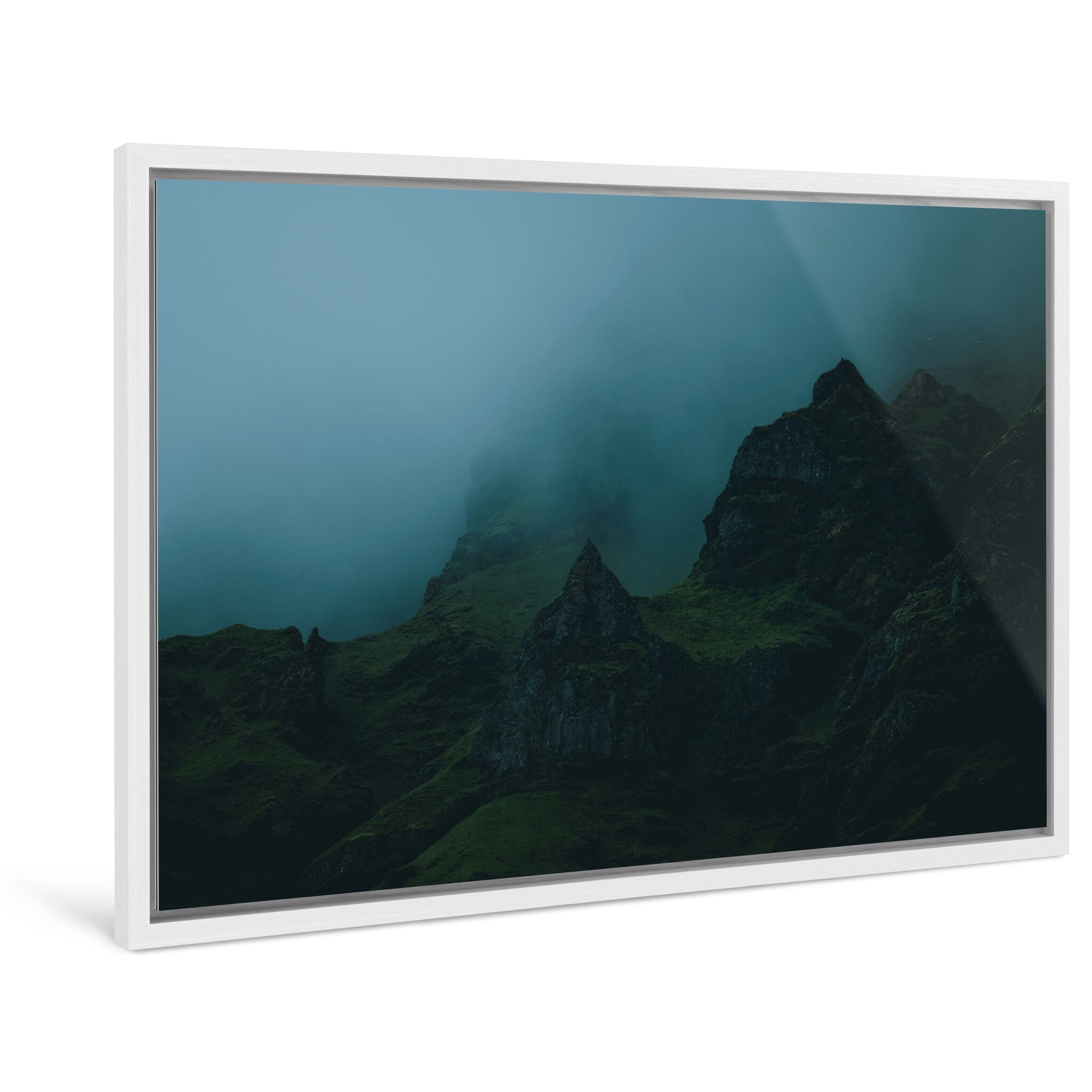 Framed photo print of almost monochrome terrain shaped by twilight atmosphere