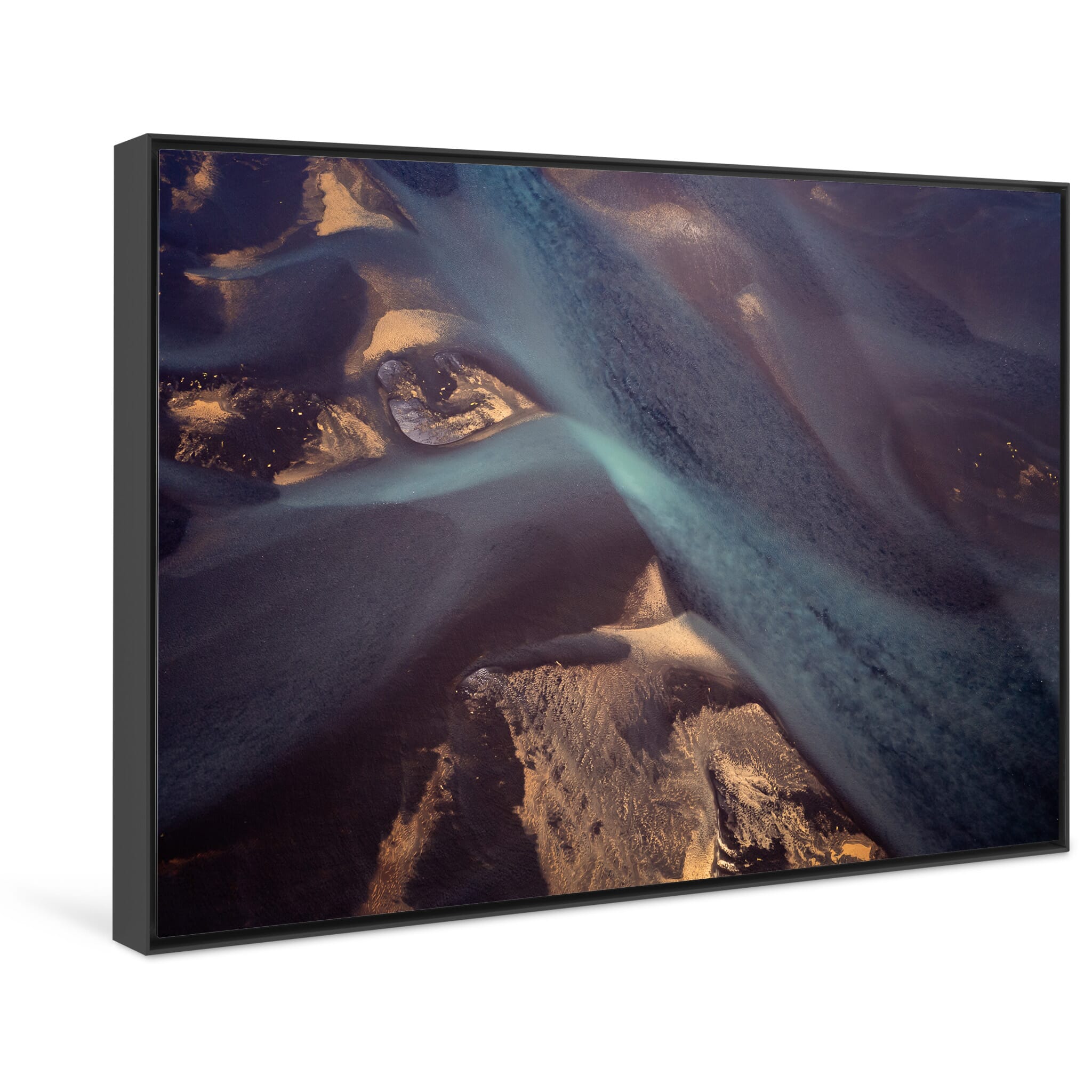 Framed photo print of colorful sediment flows in Icelandic river seen from above