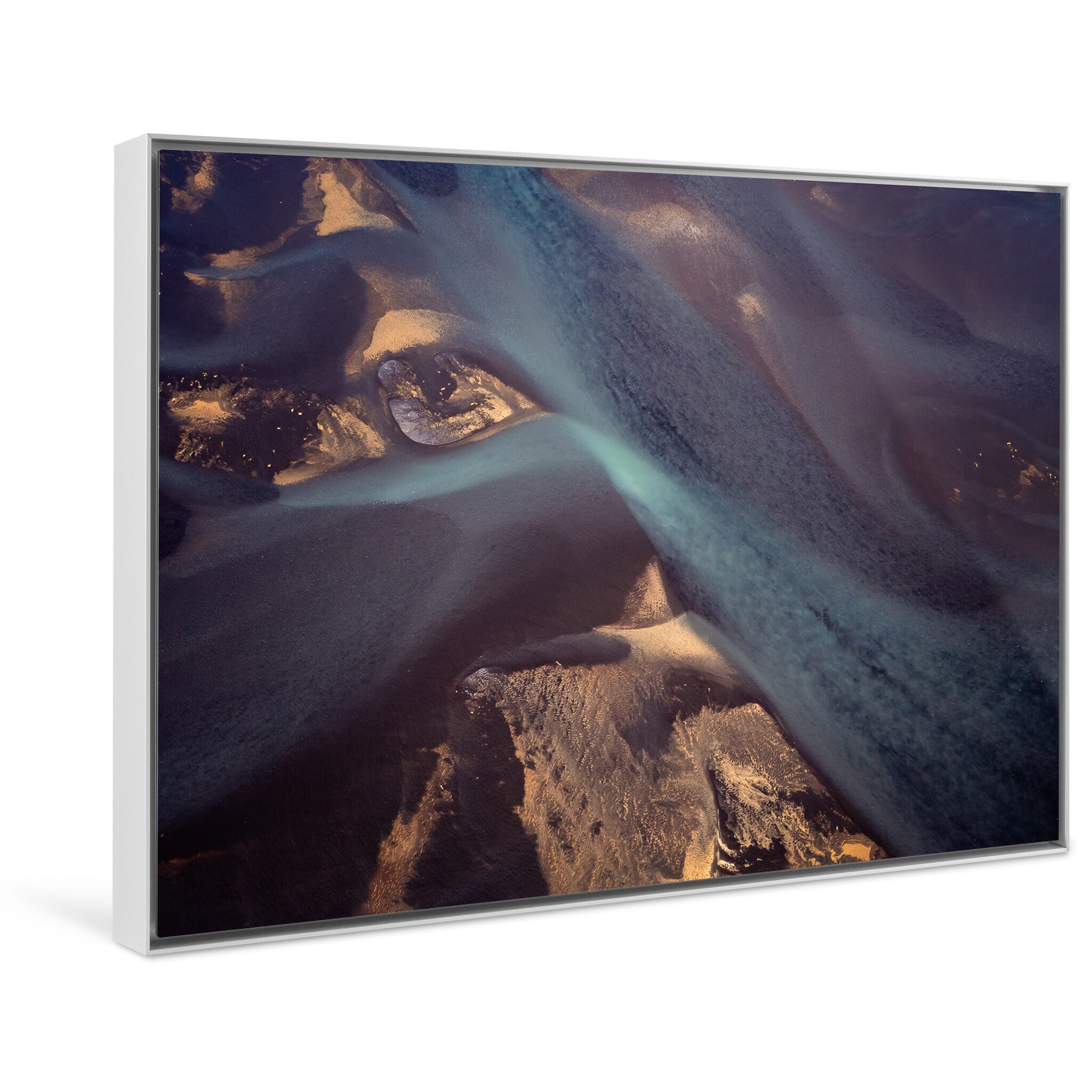 Framed photo print of vibrant aerial texture of glacial river with violet highlights