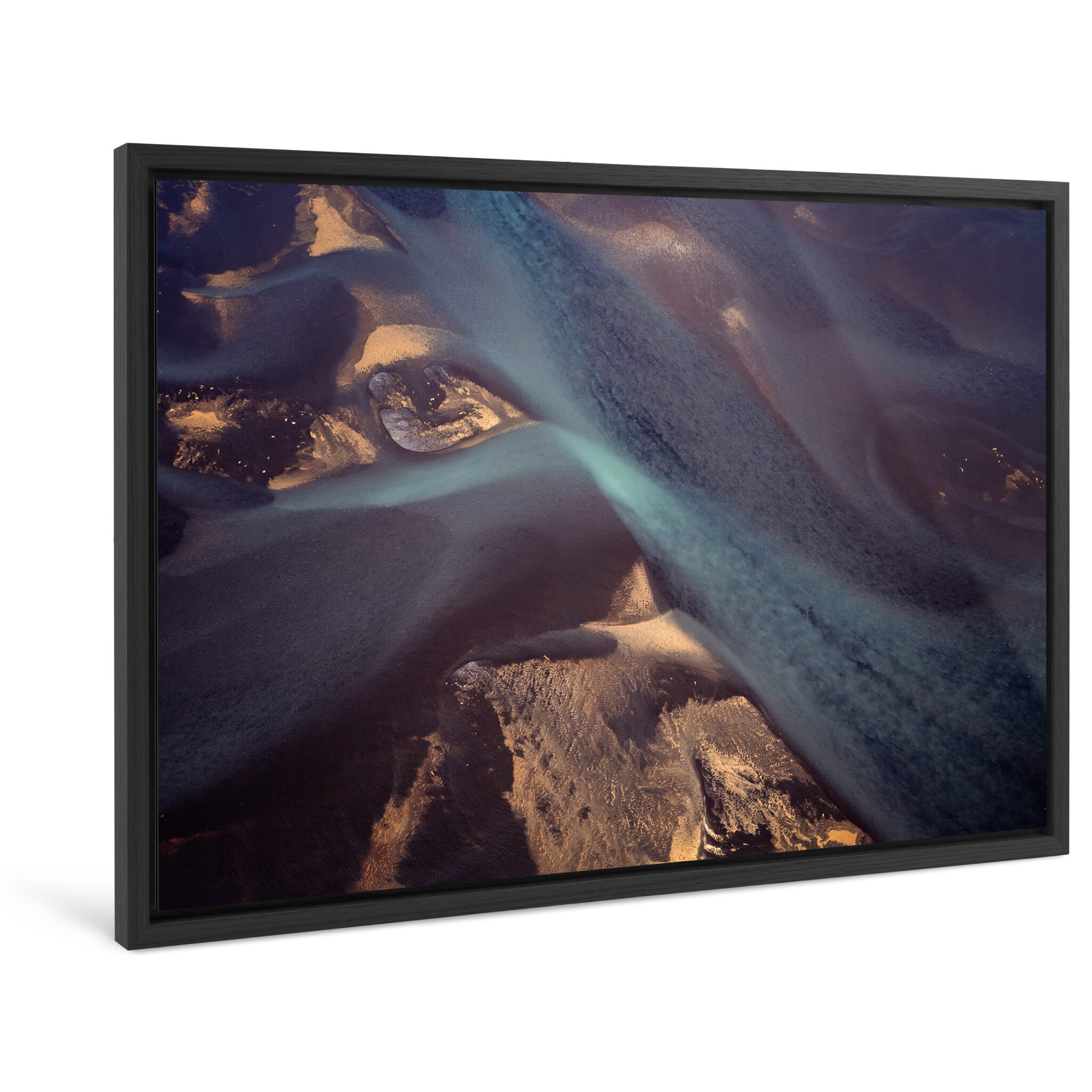 Framed photo print of abstract sediment patterns in purple hues from Icelandic river