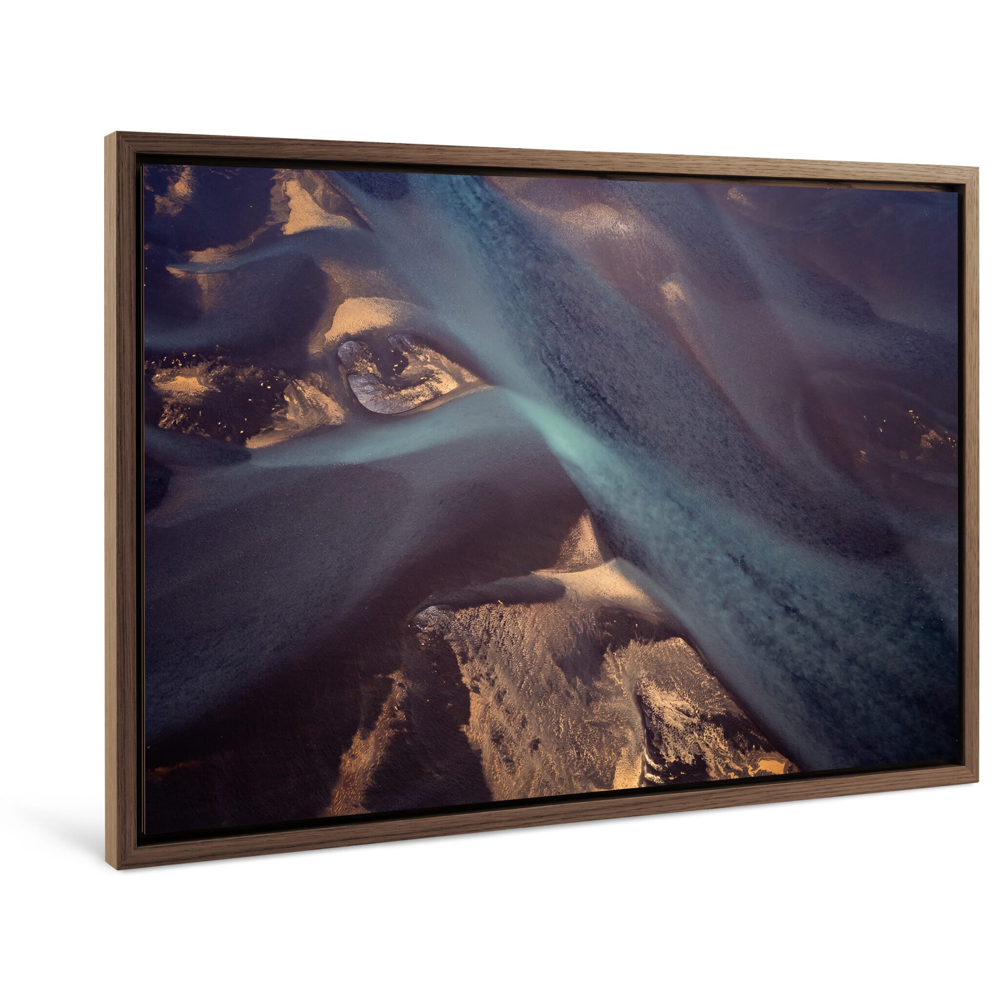 Framed photo print of Iceland’s braided river system in soft violet and grey colors