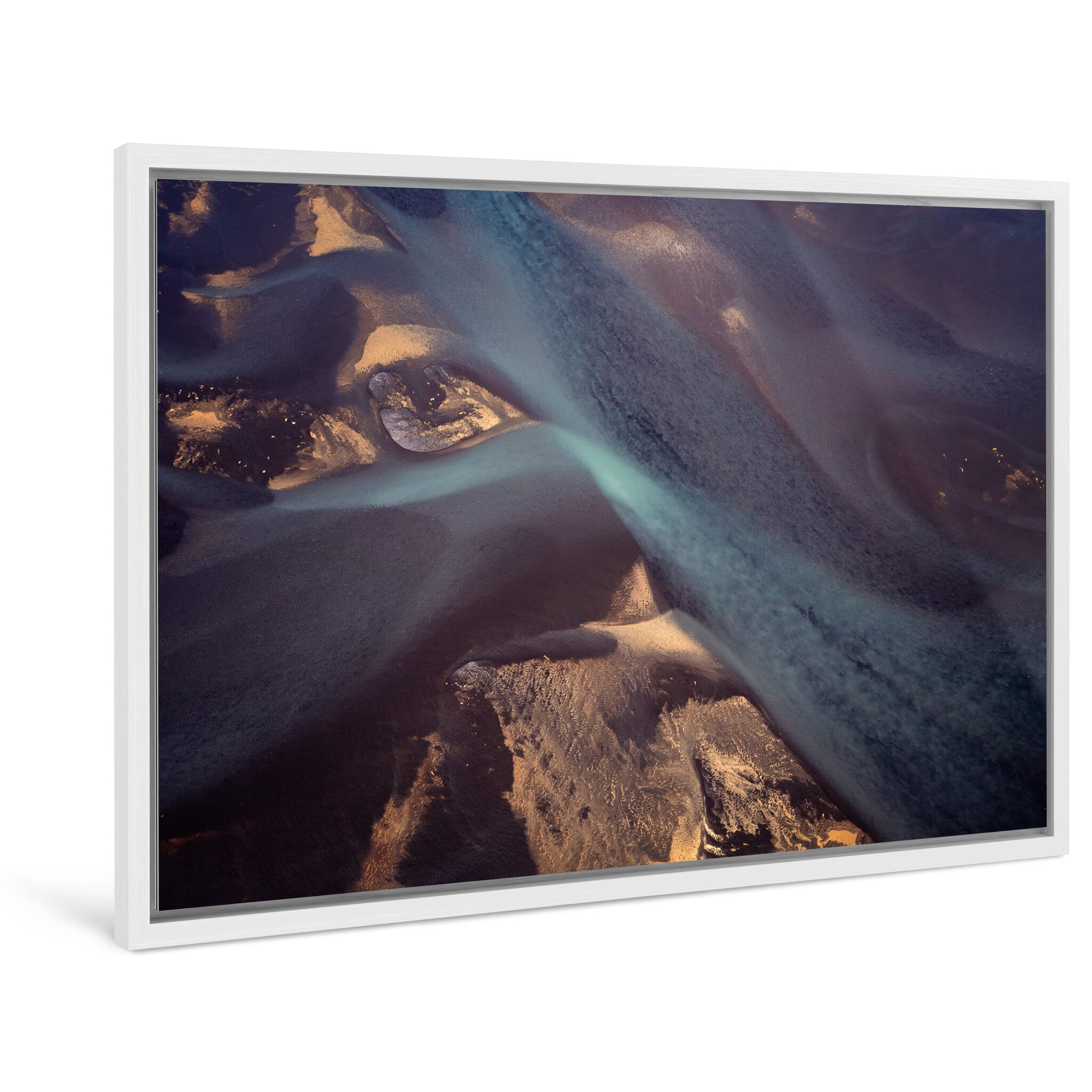 Framed photo print of flowing glacial waters with violet tones and branching channels