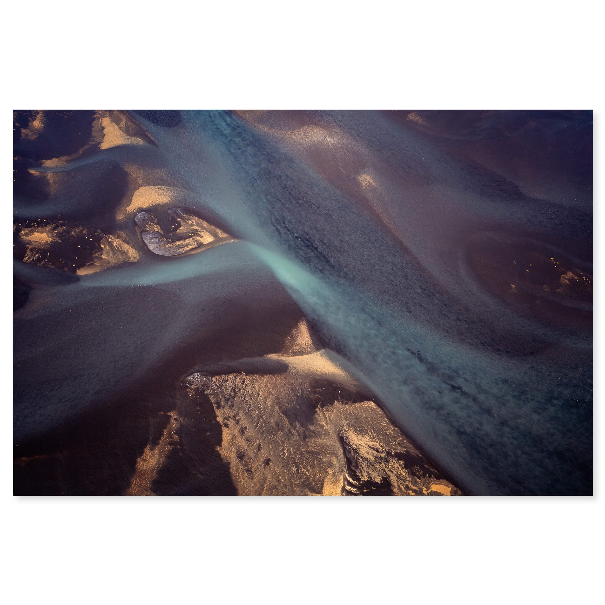 Fine art print of aerial view of violet-toned glacial river in Iceland