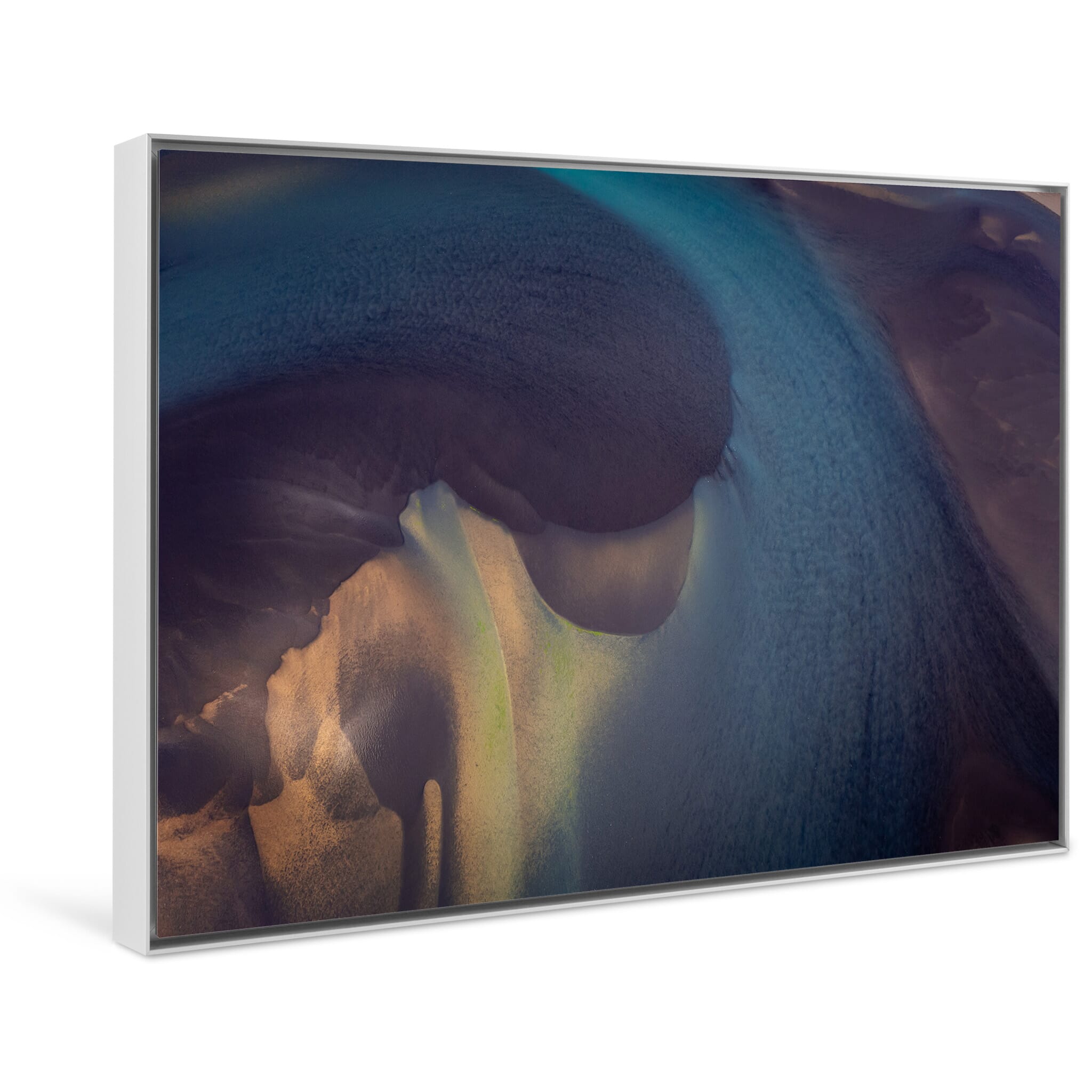 Framed photo print of branching Icelandic river with layered sediment colors and textures