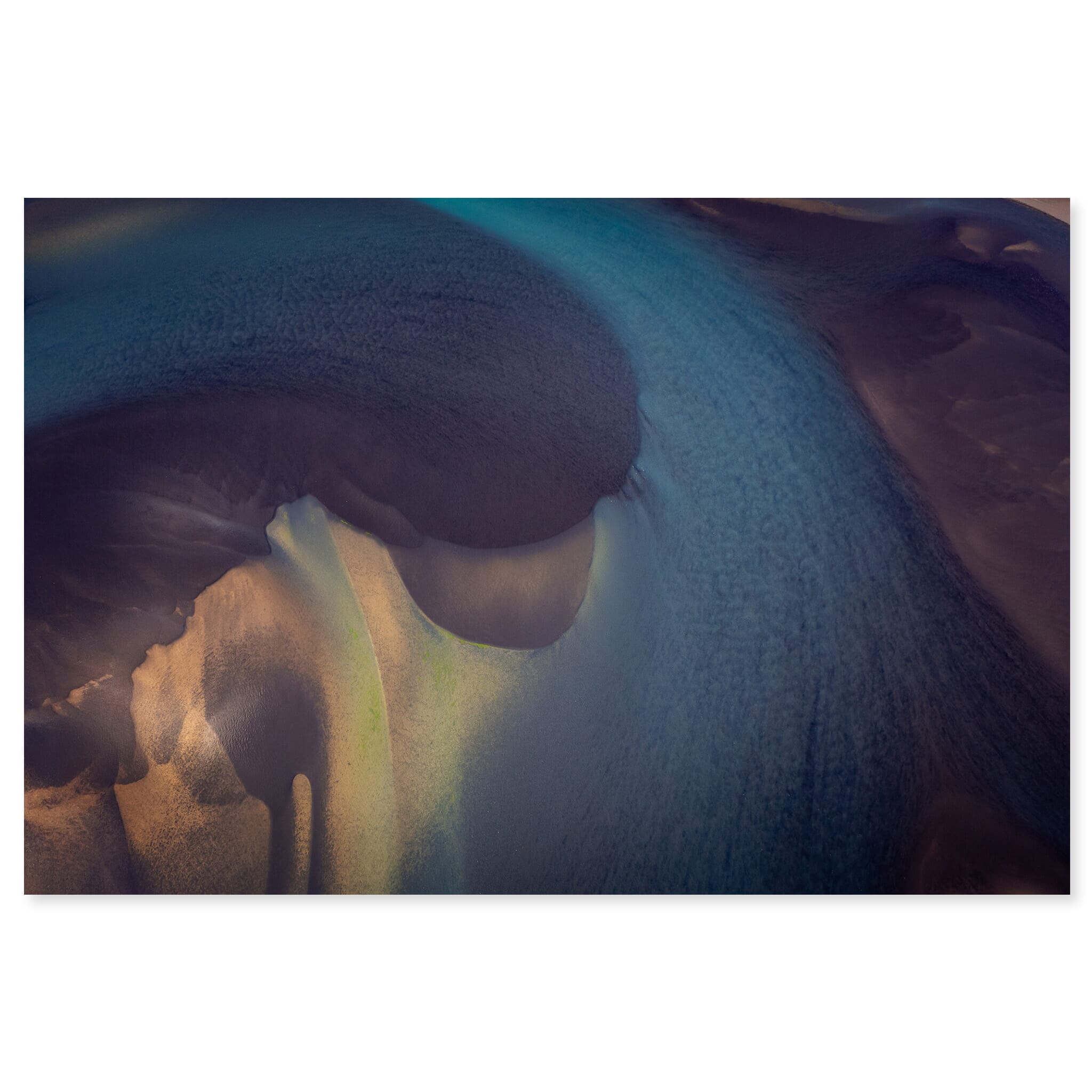 Fine art print of aerial view of colorful glacial river patterns in Iceland