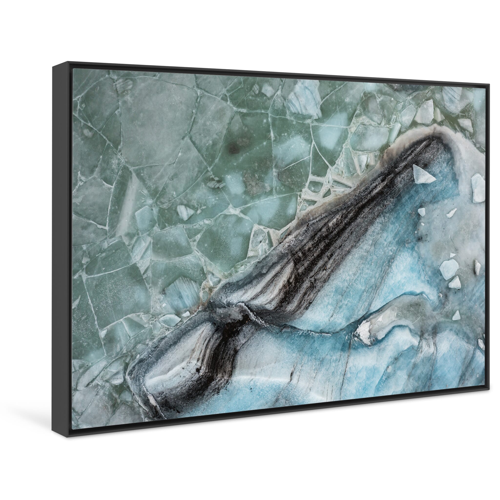 Framed photo print of abstract glacial lagoon with icebergs and vibrant colors