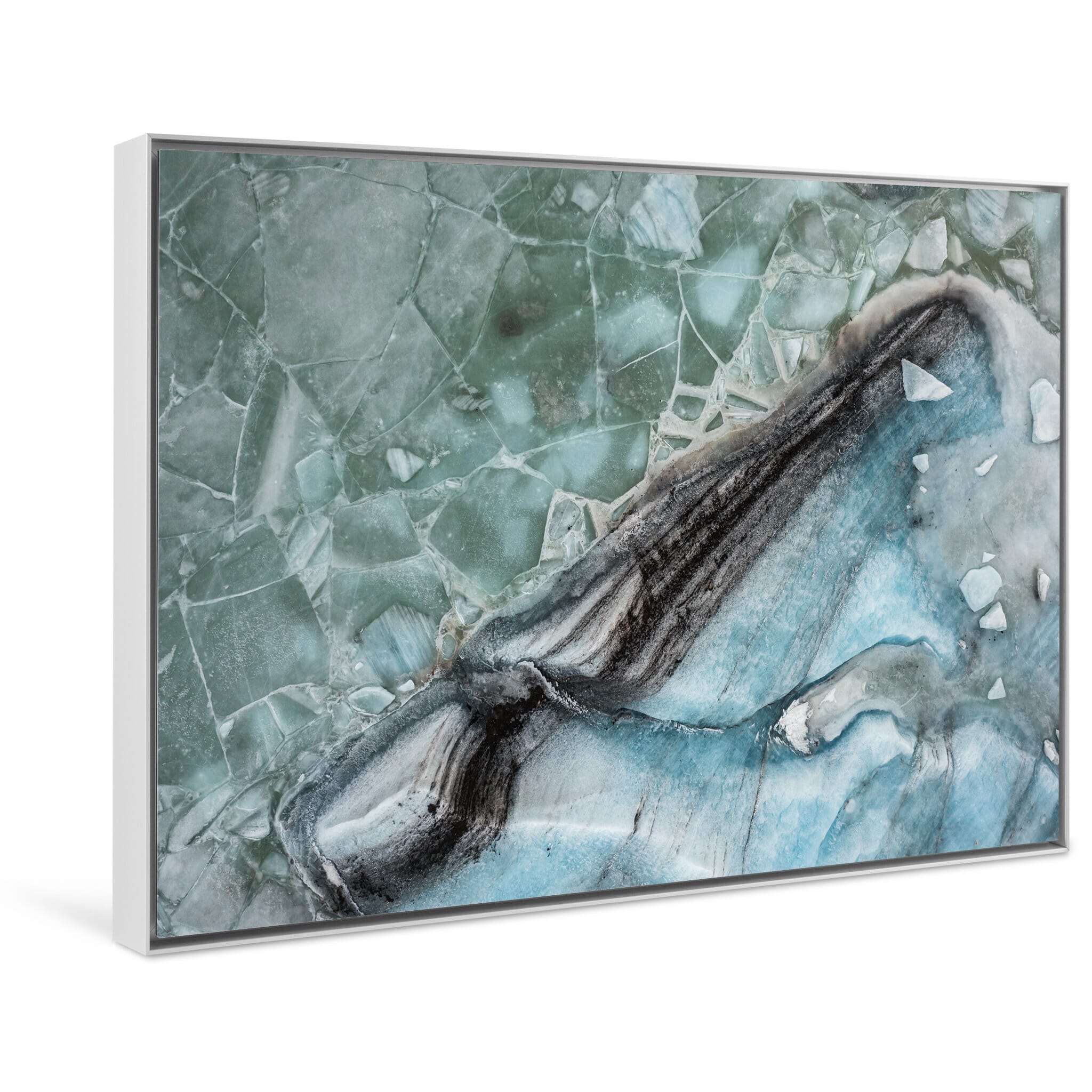 Framed photo print of colorful ice patterns and chaotic formations in a lagoon