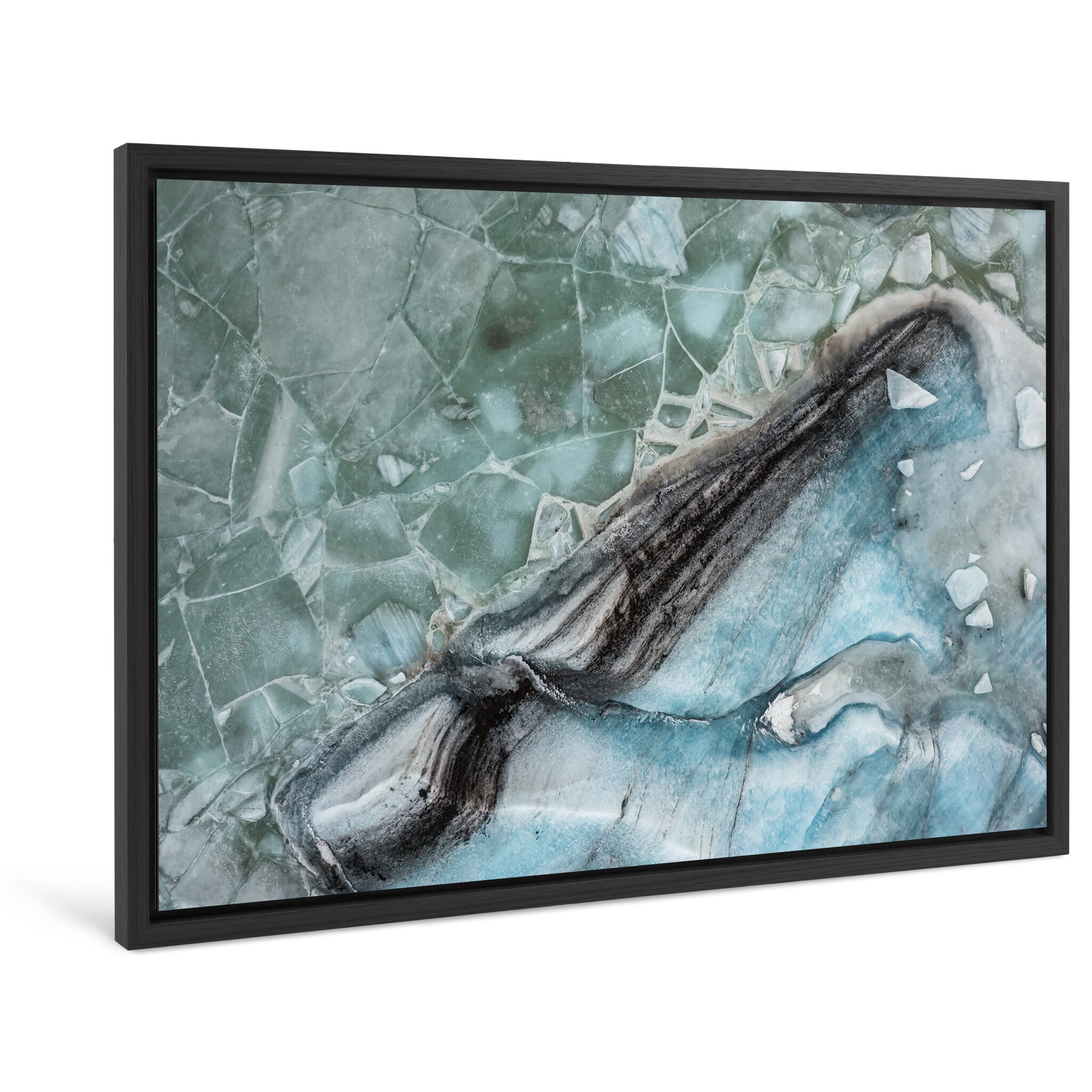 Framed photo print of colorful frozen lagoon with ice formations