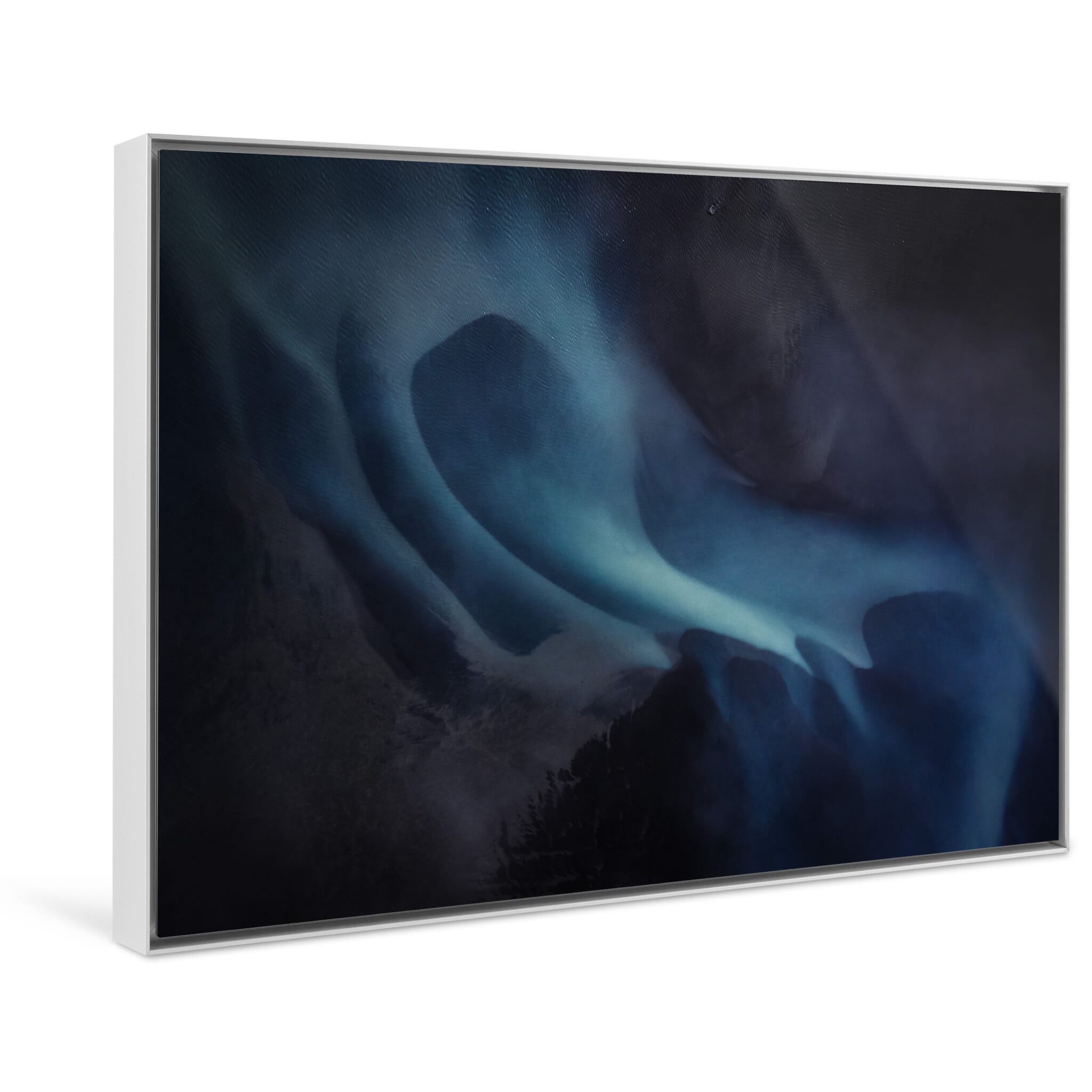 Framed photo print capturing the tranquil transition of a glacier river in subdued tones
