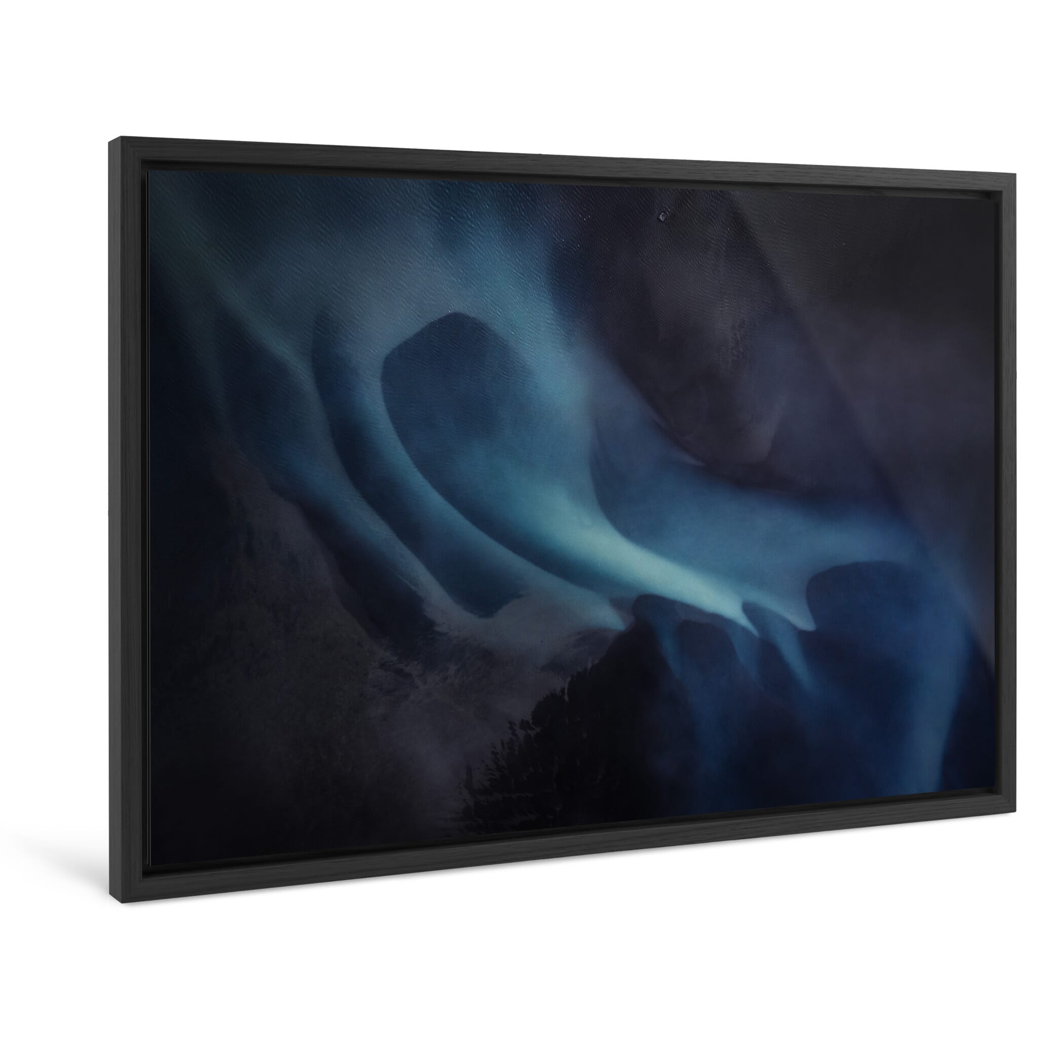 Framed photo print of moody reflections under low-hanging mist over glacial waters