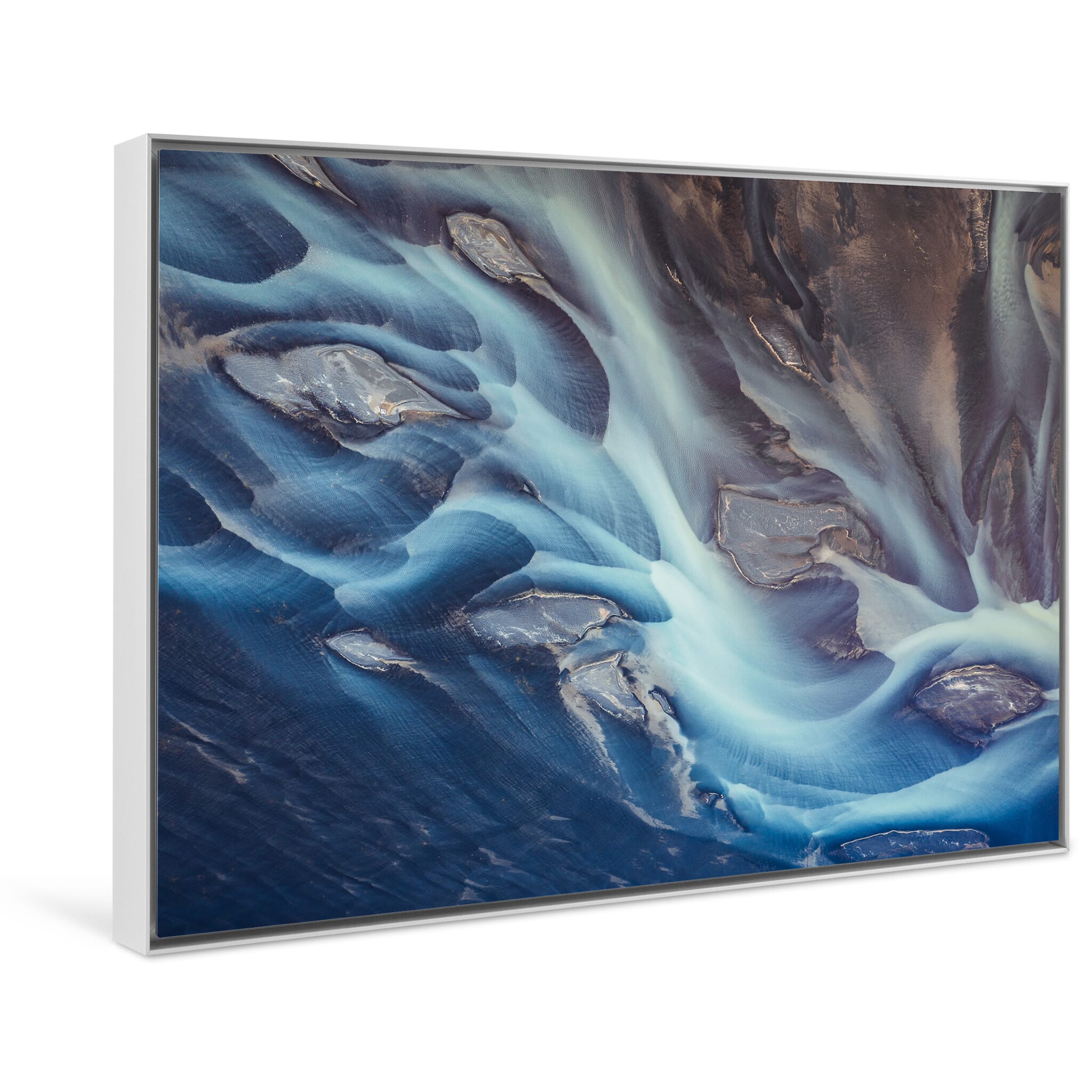 Framed photo print of Iceland's glacial river network with intertwining channels and sediment