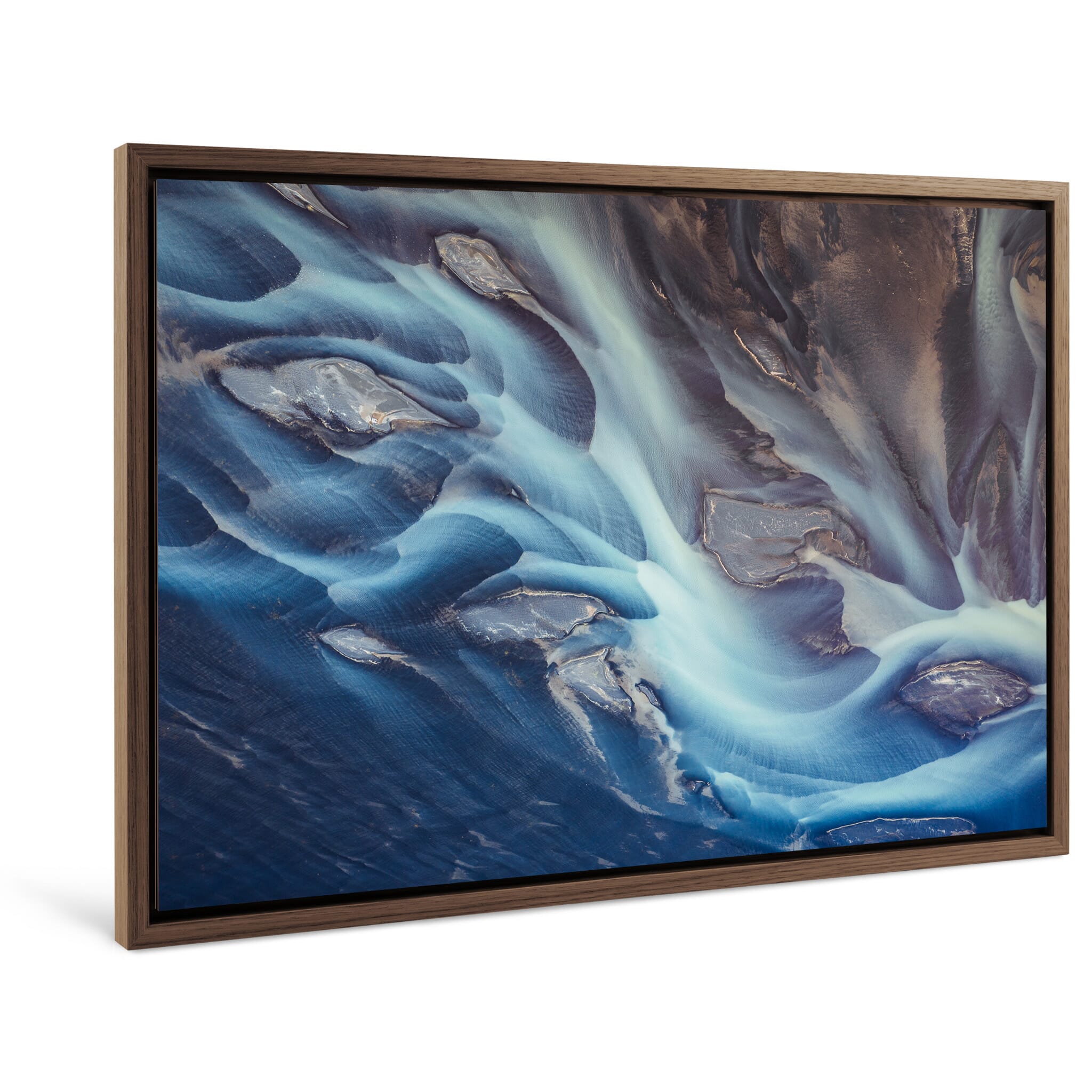Framed photo print of glacial meltwater flow forming intricate river branches in Iceland