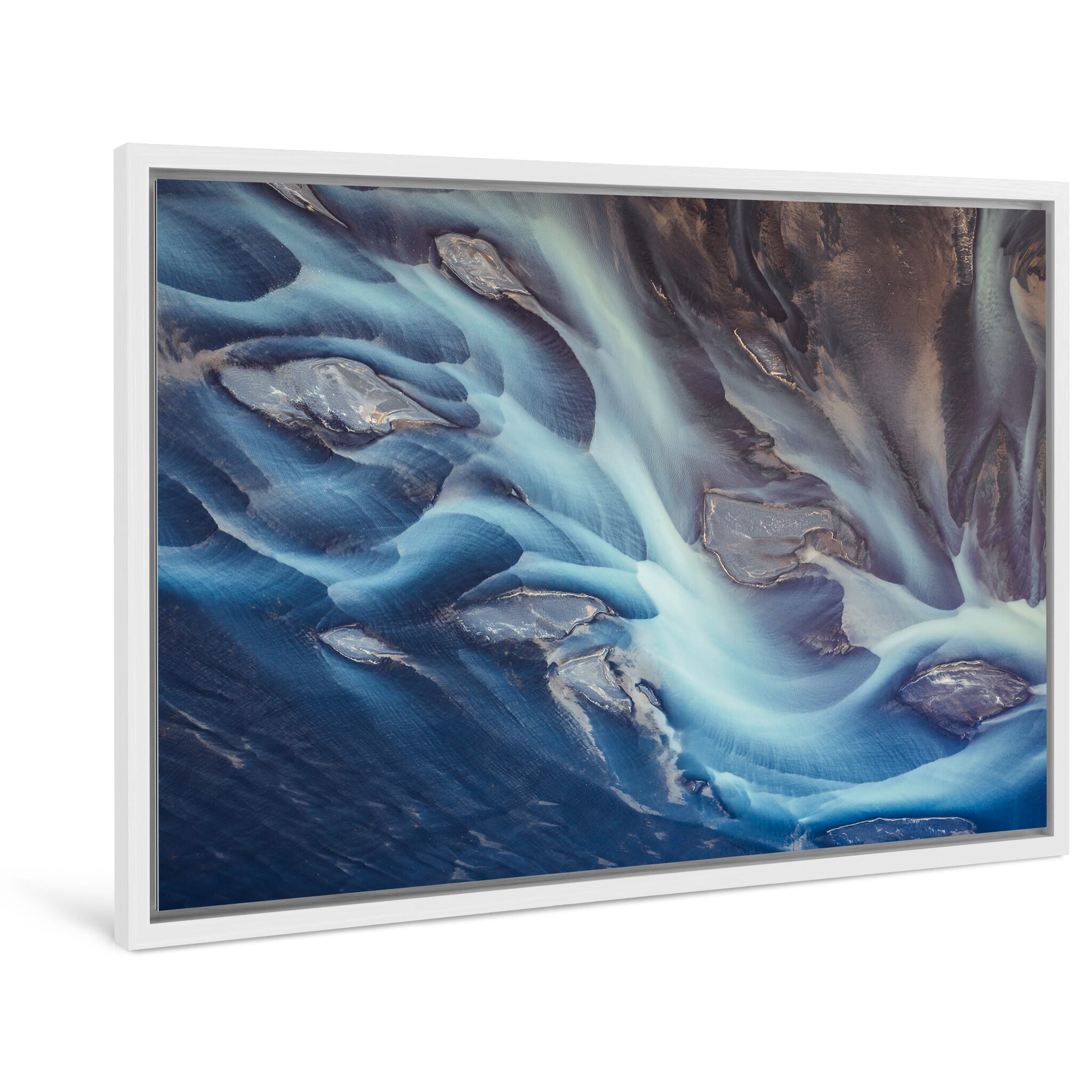 Framed photo print of Icelandic glacier river with winding blue channels and sand islands